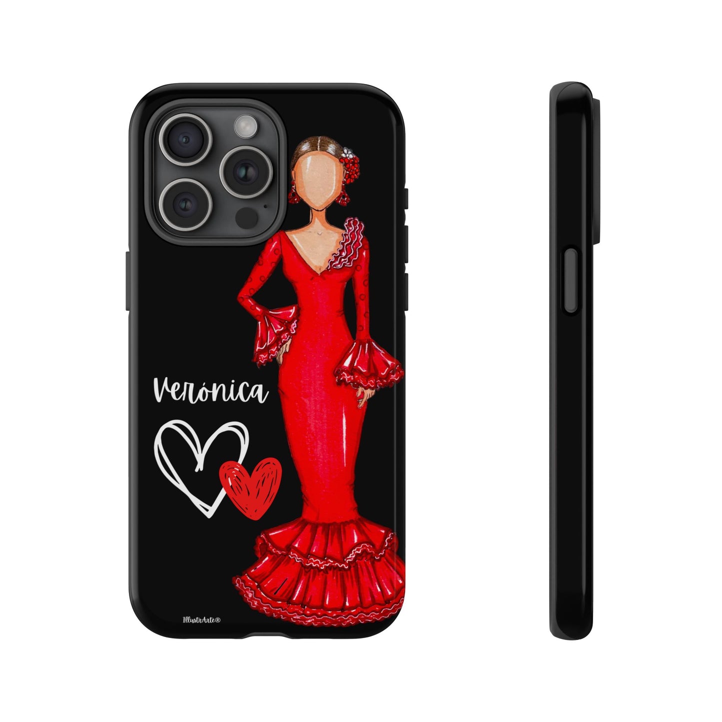 una funda de teléfono con una imagen de una mujer con un vestido rojo