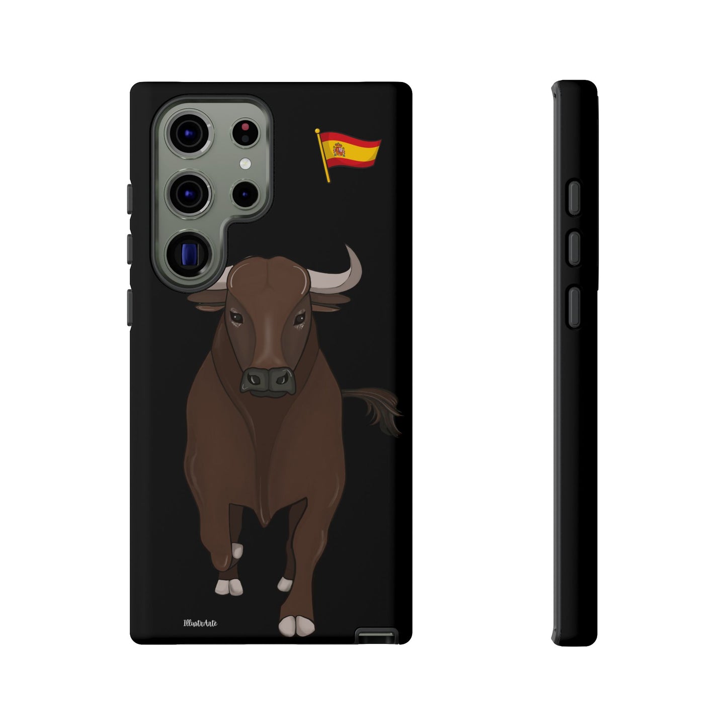 Funda de teléfono modelo toro Manuel en primer plano, detallando el diseño.