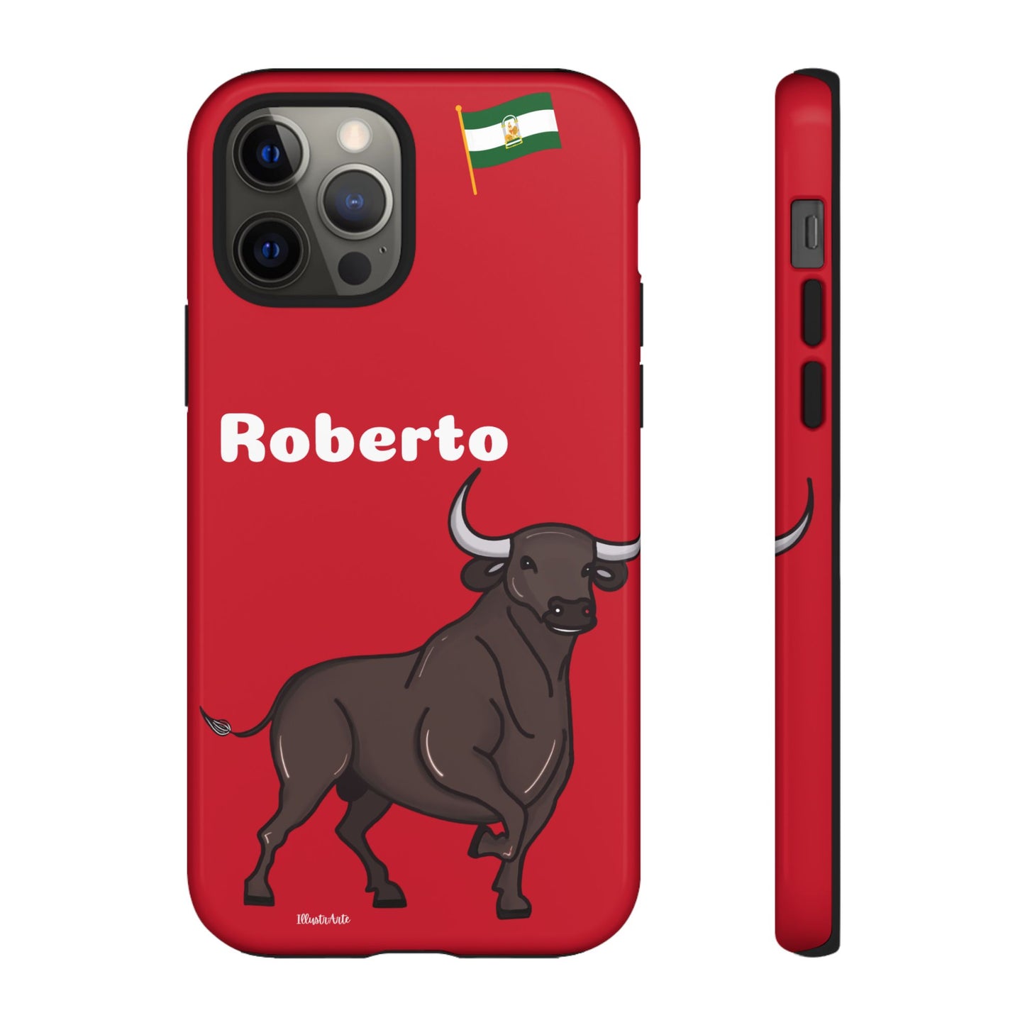 una funda de teléfono roja con un toro en ella