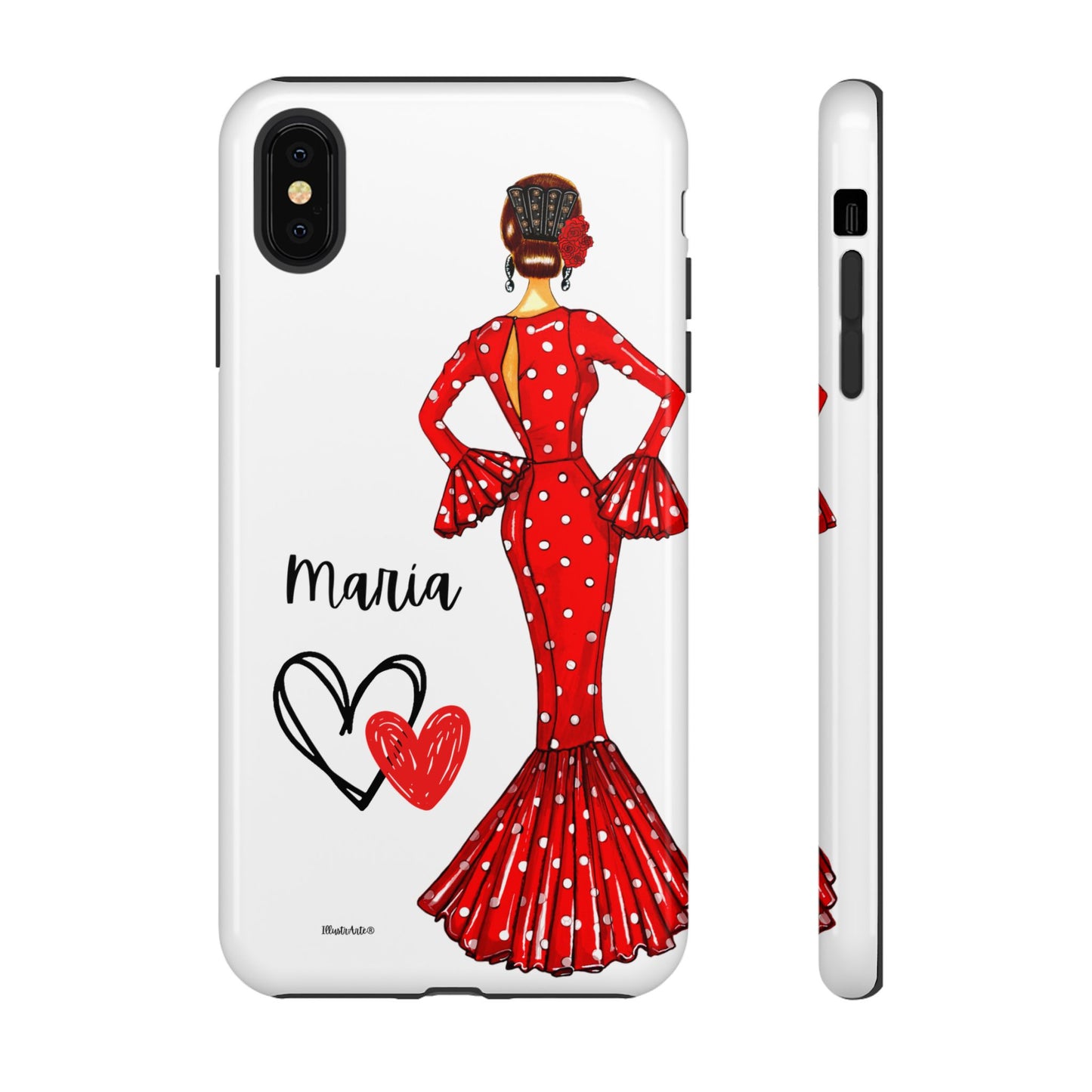 una funda de teléfono con una mujer en un vestido rojo