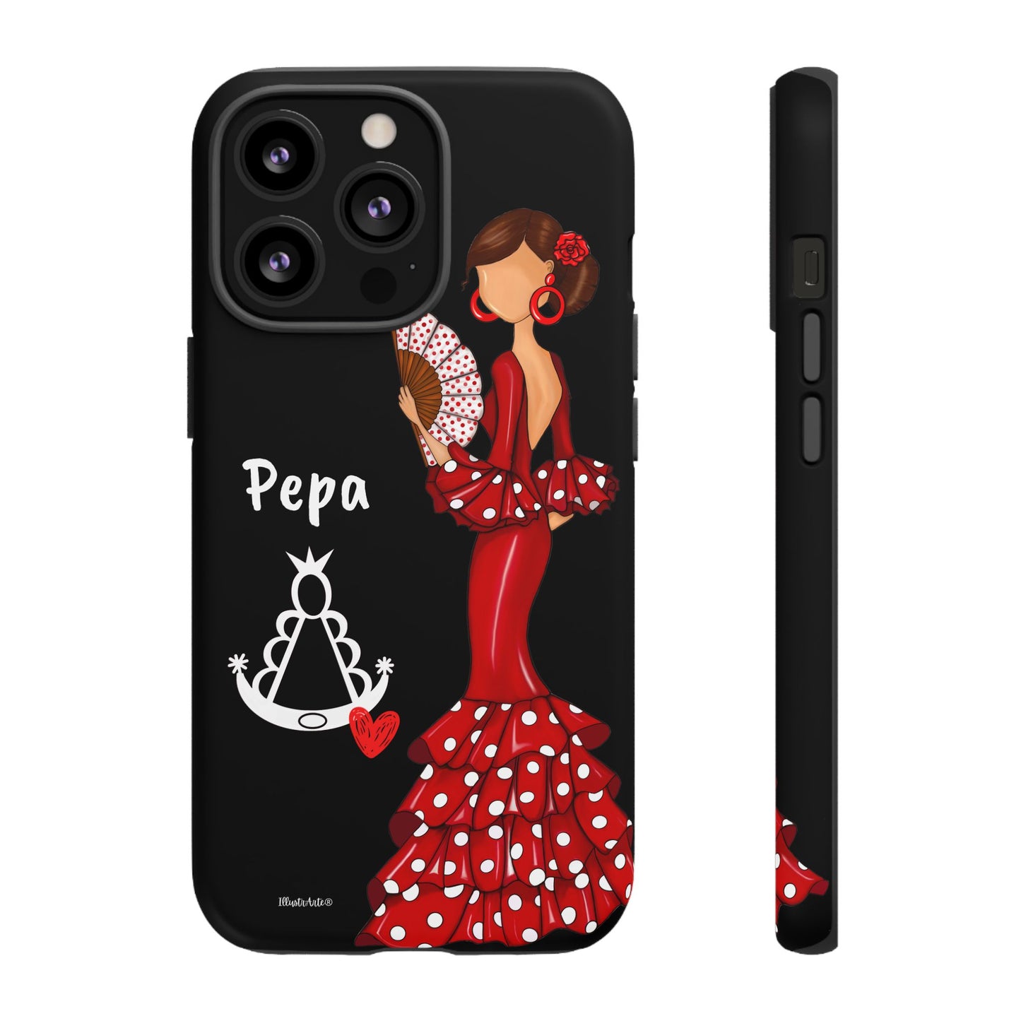 Personalized Pepa phone case on a black background with the Virgin Mary – for iPhone, Samsung, Pixel