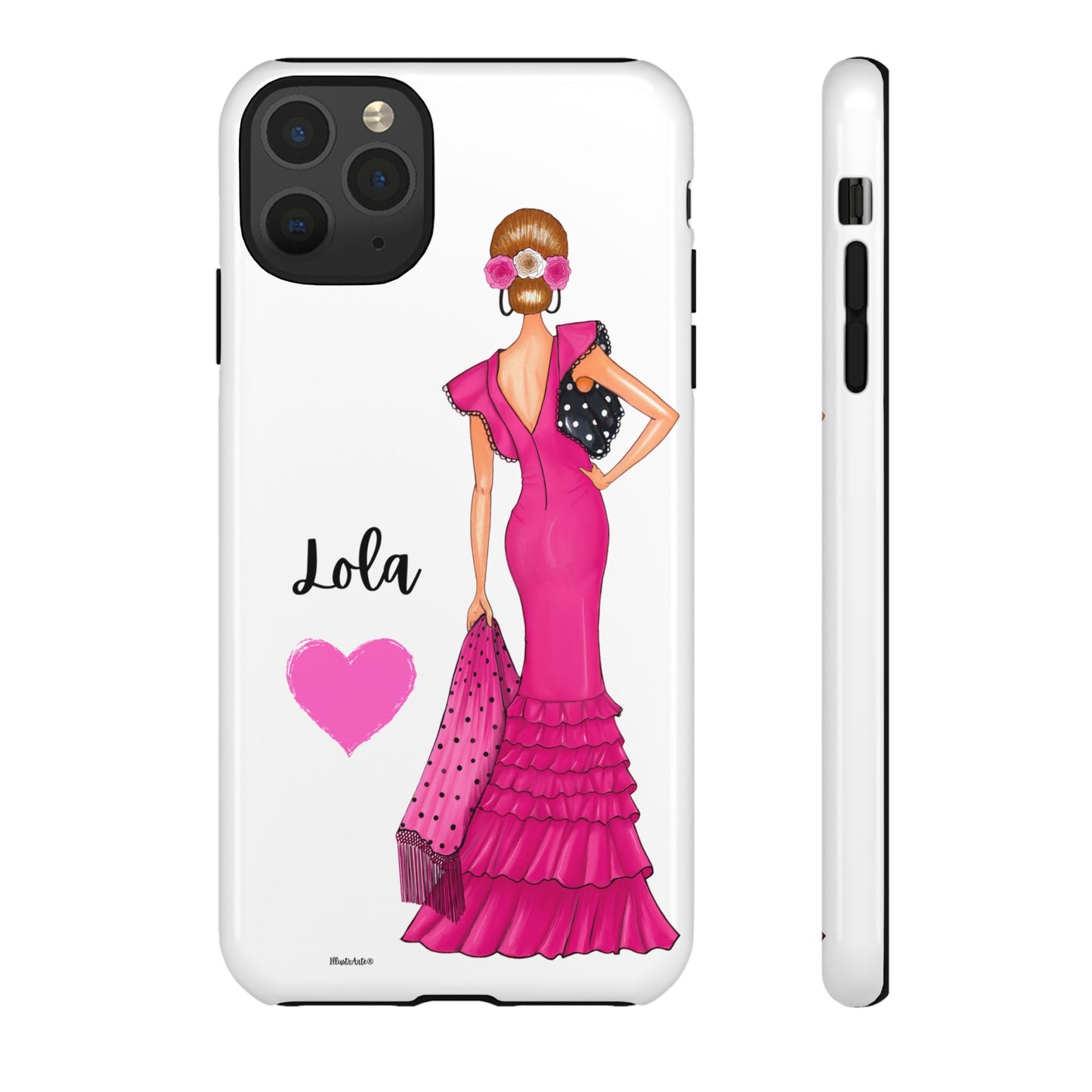 Funda de teléfono personalizable con nombre/bandera/Virgen - Modelo Manuela vestido rosa mientras se garantiza la durabilidad.