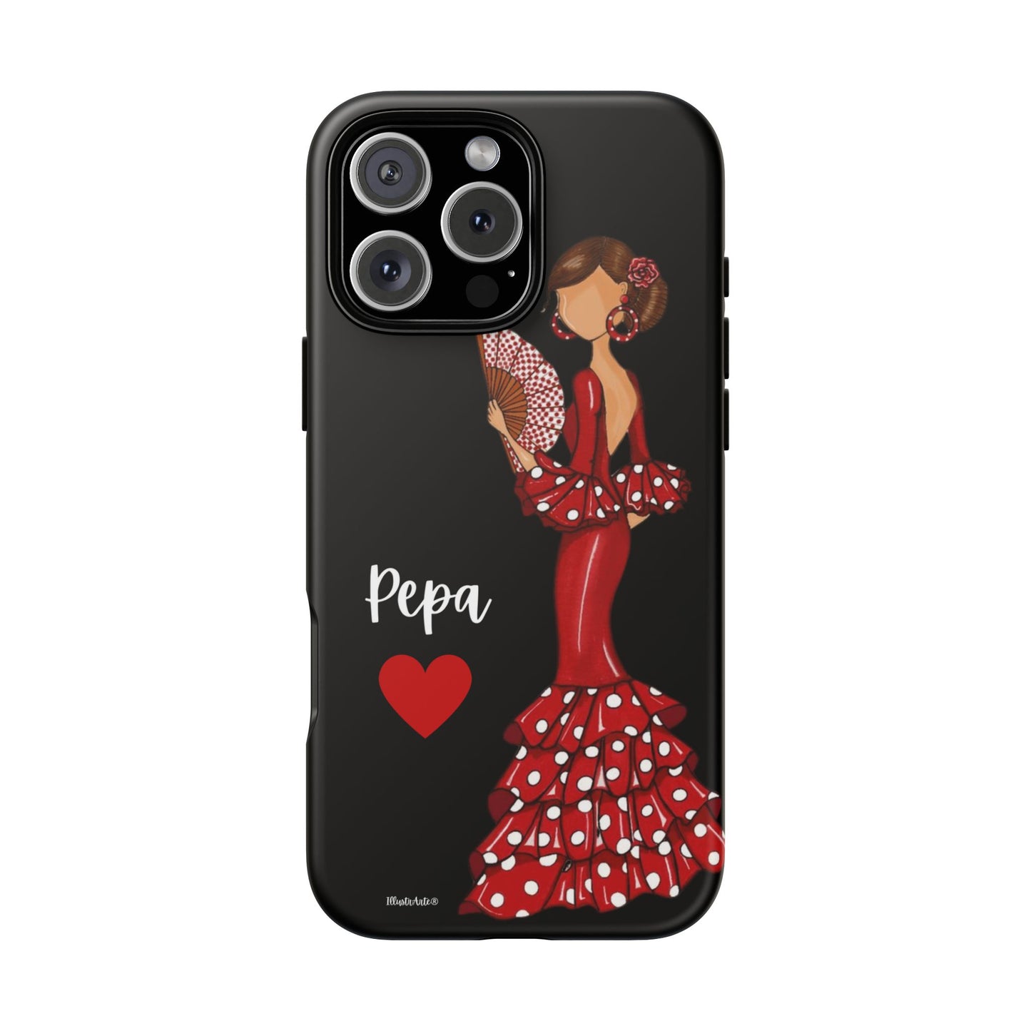 una funda de teléfono con una mujer en un vestido rojo