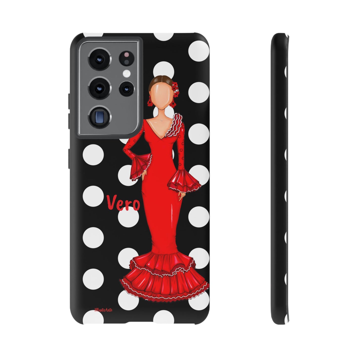 una funda de celular con una mujer en un vestido rojo