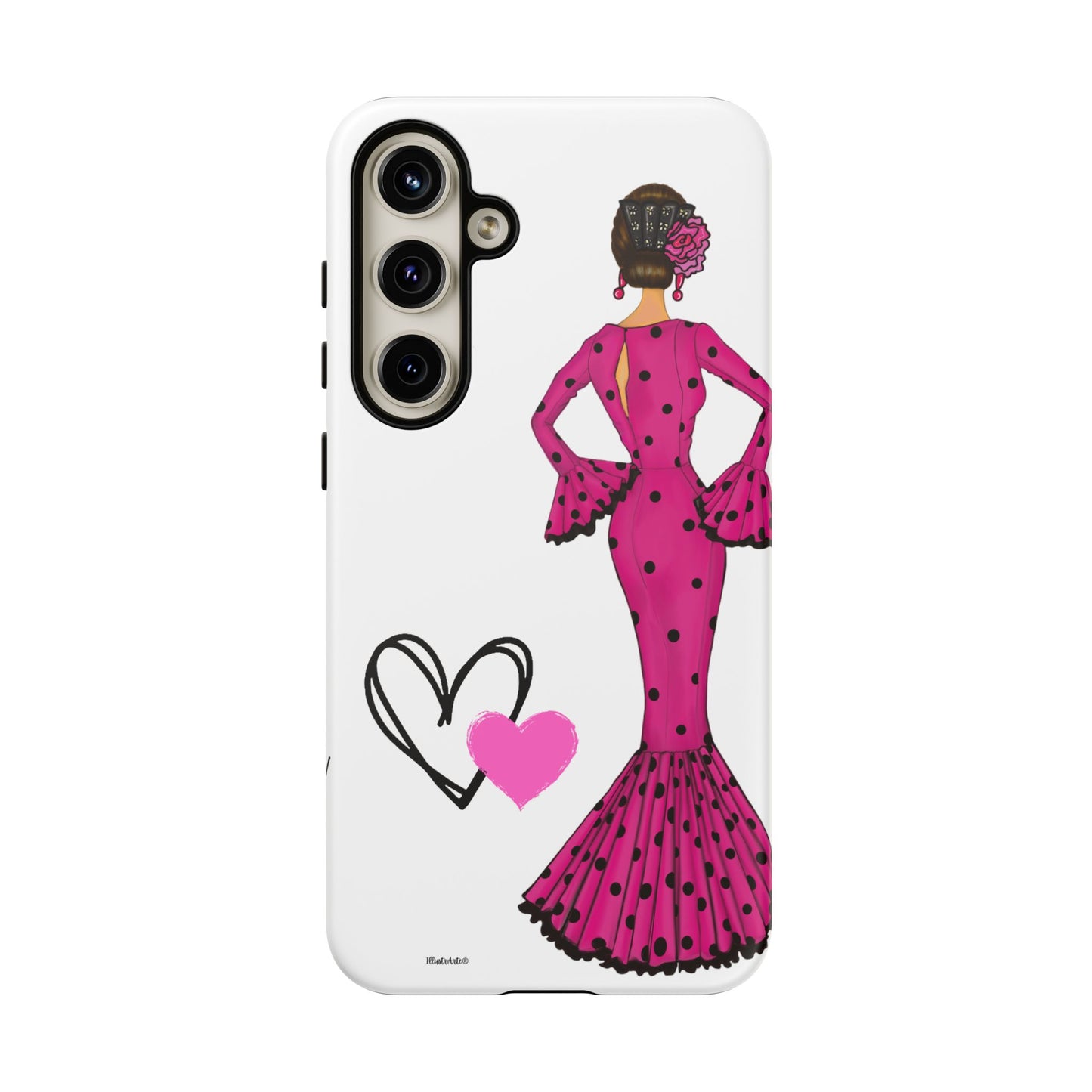 una funda de teléfono con una mujer en un vestido rosa