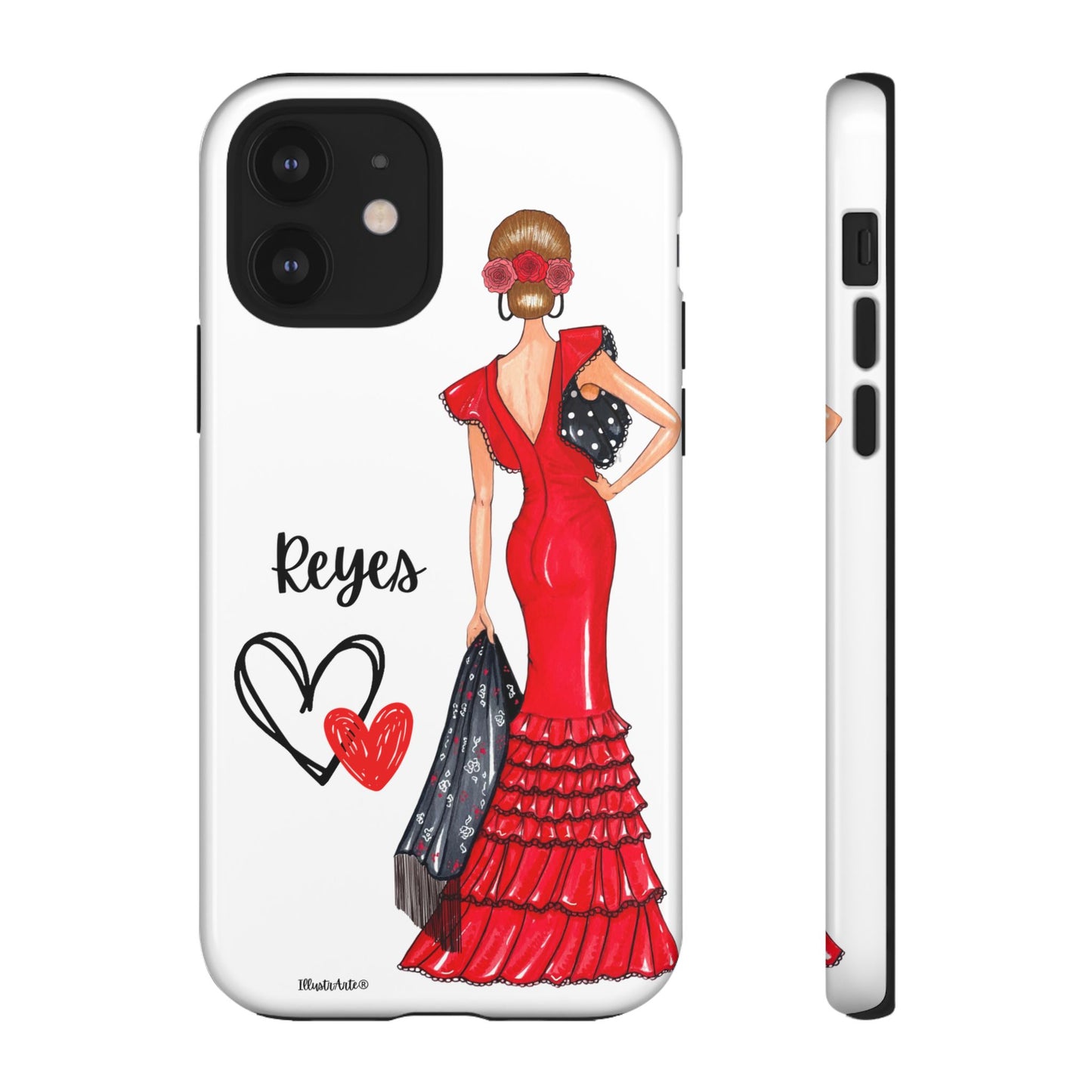 una funda de teléfono con una mujer en un vestido rojo