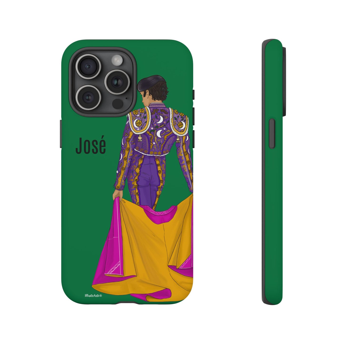 una funda de teléfono verde con una imagen de una mujer en un vestido