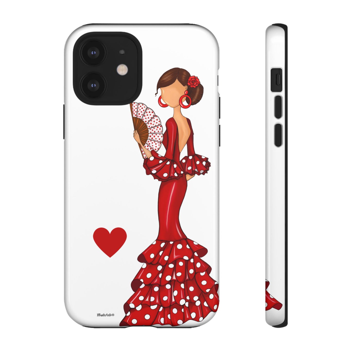 una funda de teléfono con una mujer en un vestido rojo