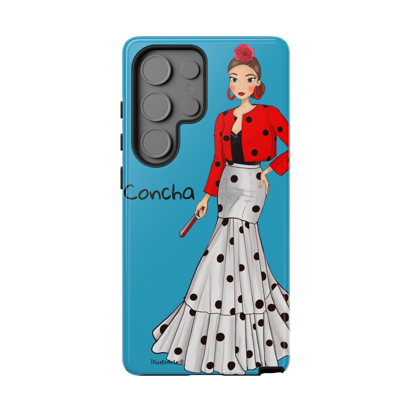 Funda personalizada Modelo Conchita fondo azul, que muestra un diseño único.