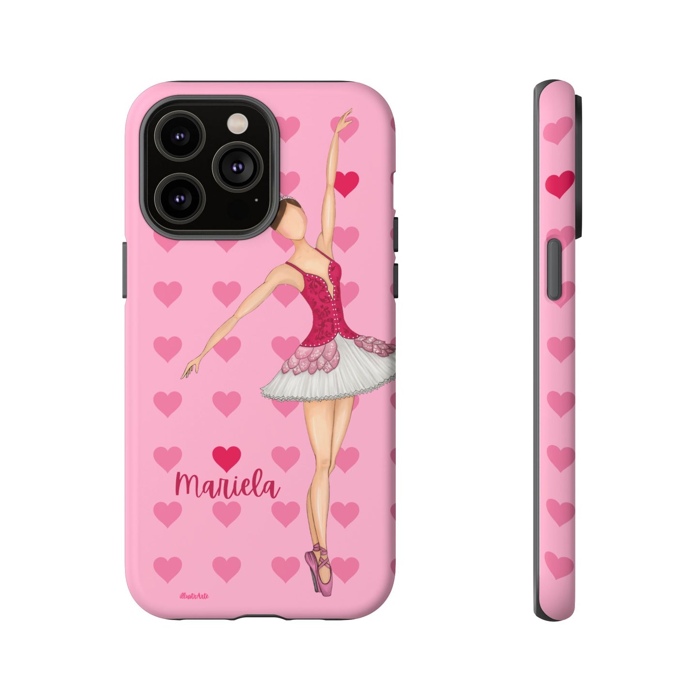 una funda de teléfono rosa con una bailarina en ella