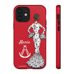 Personalised phone case flamenco dancer María Blanco, red background, with the Virgen del Rocío for iPhone 12, gloss finish – illustrArte