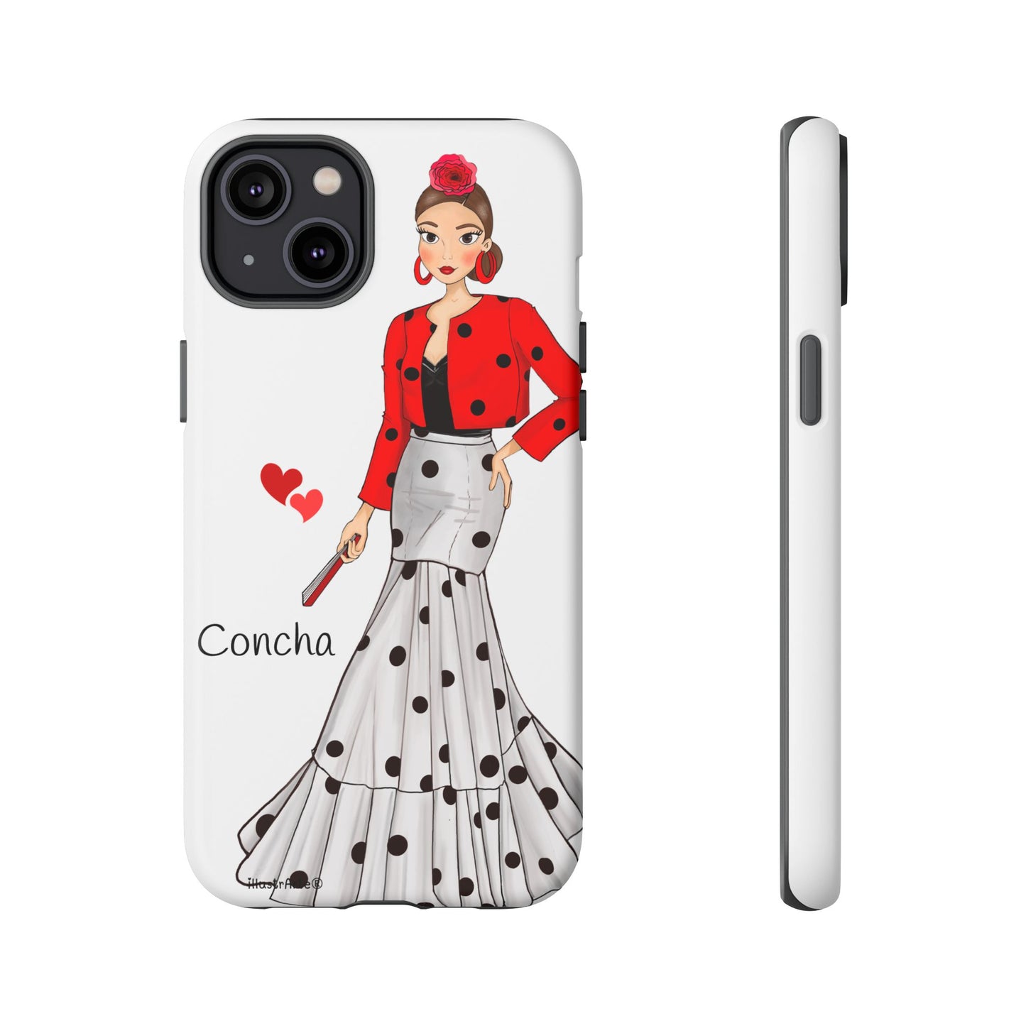 Presentación de la funda de teléfono personalizable modelo Conchita con nombre en fondo blanco, perfecta para cualquier móvil.