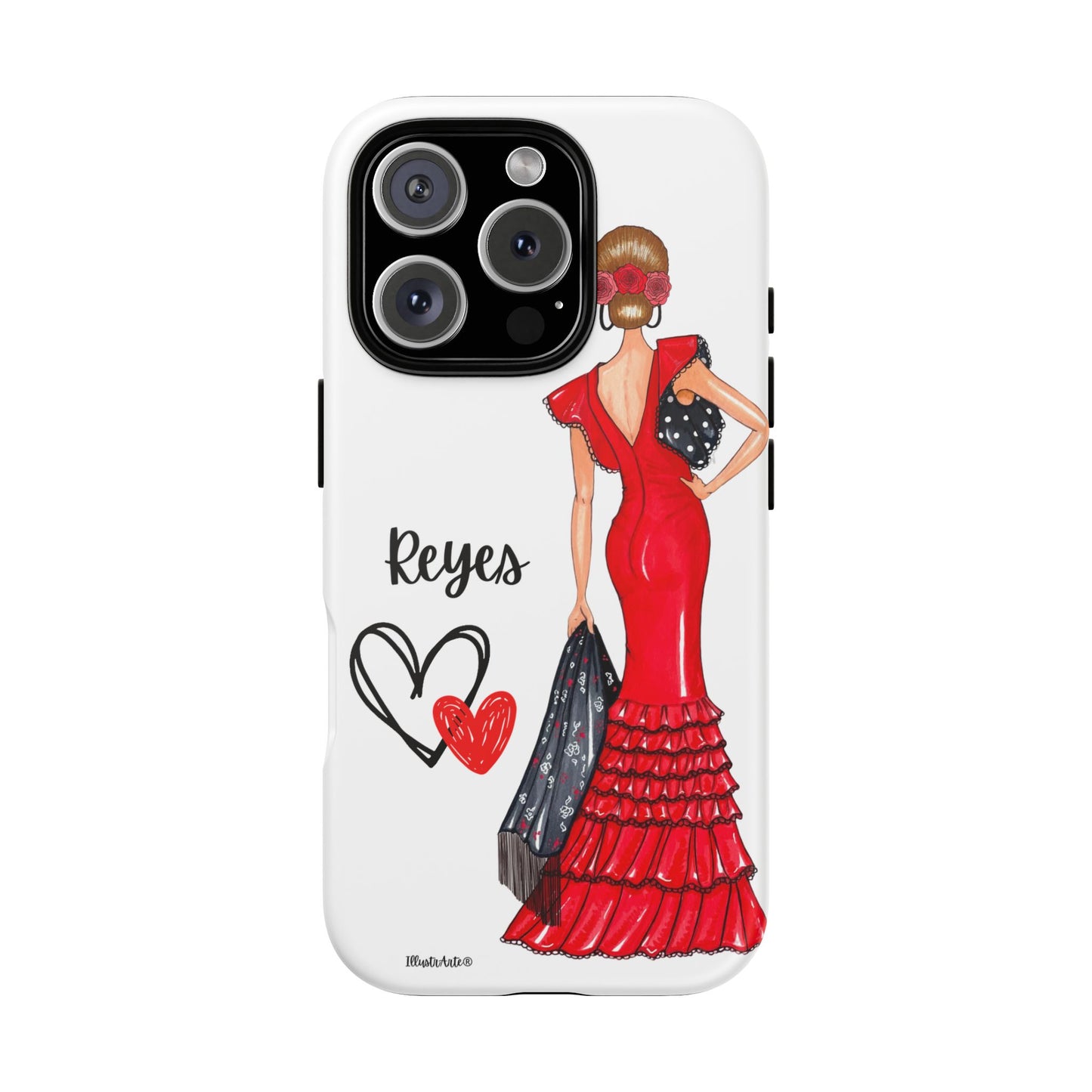 una funda de teléfono con una mujer en un vestido rojo