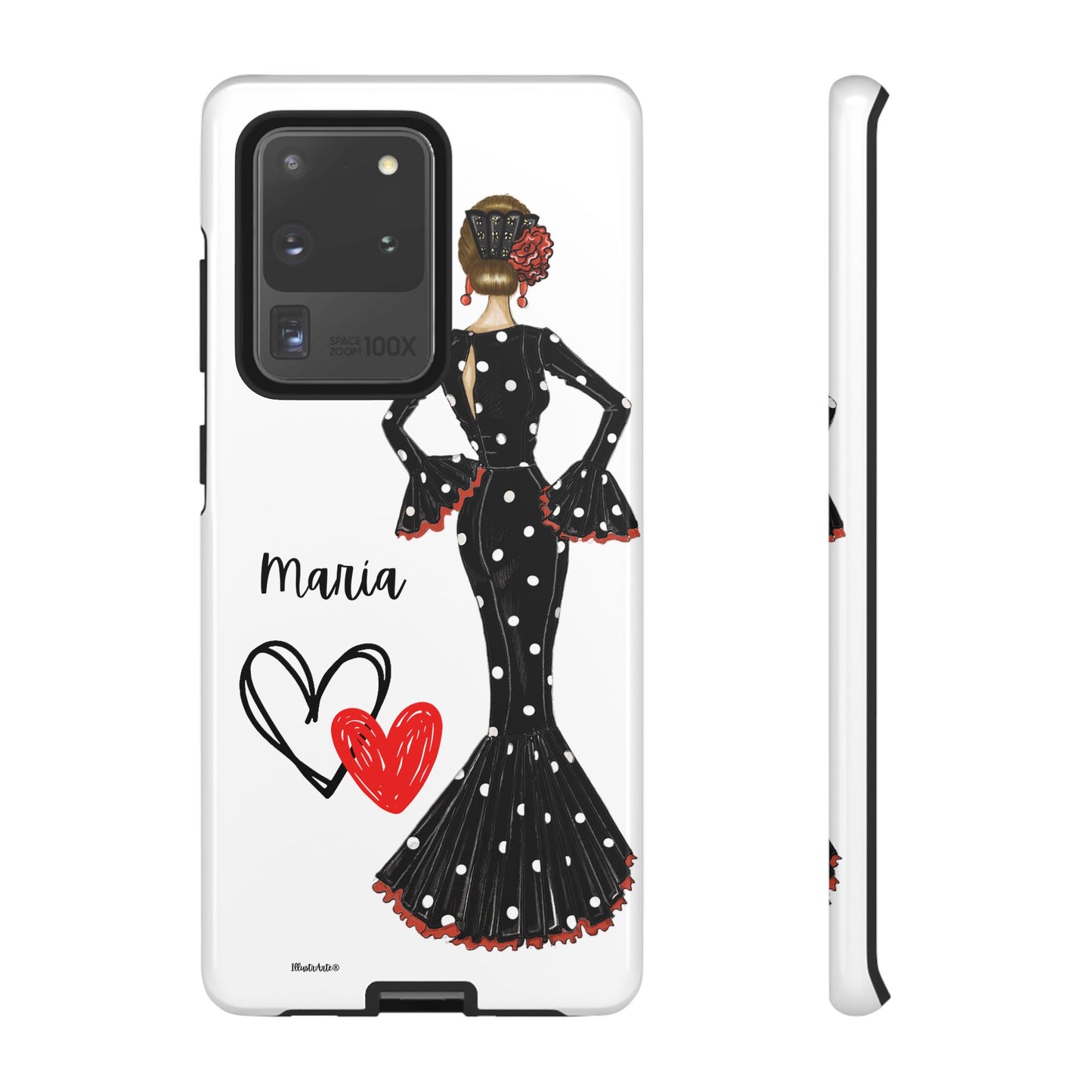 una funda para teléfono con una mujer en un vestido