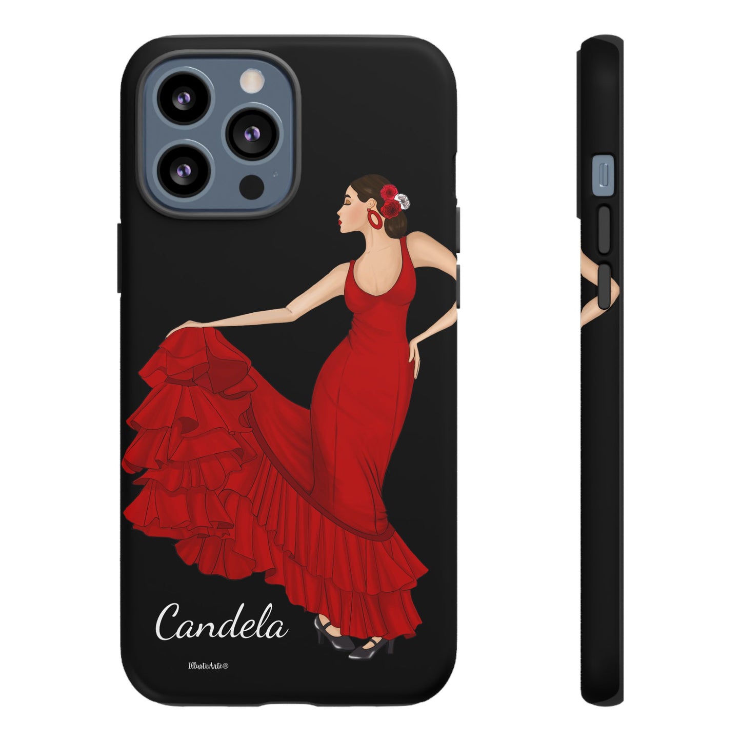 una funda de teléfono con una imagen de una mujer en un vestido rojo