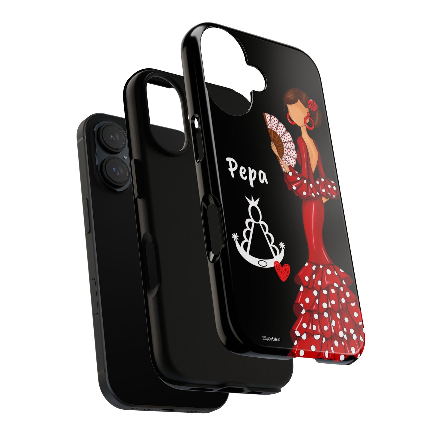 Personalized Pepa phone case on a black background with the Virgin Mary – for iPhone, Samsung, Pixel