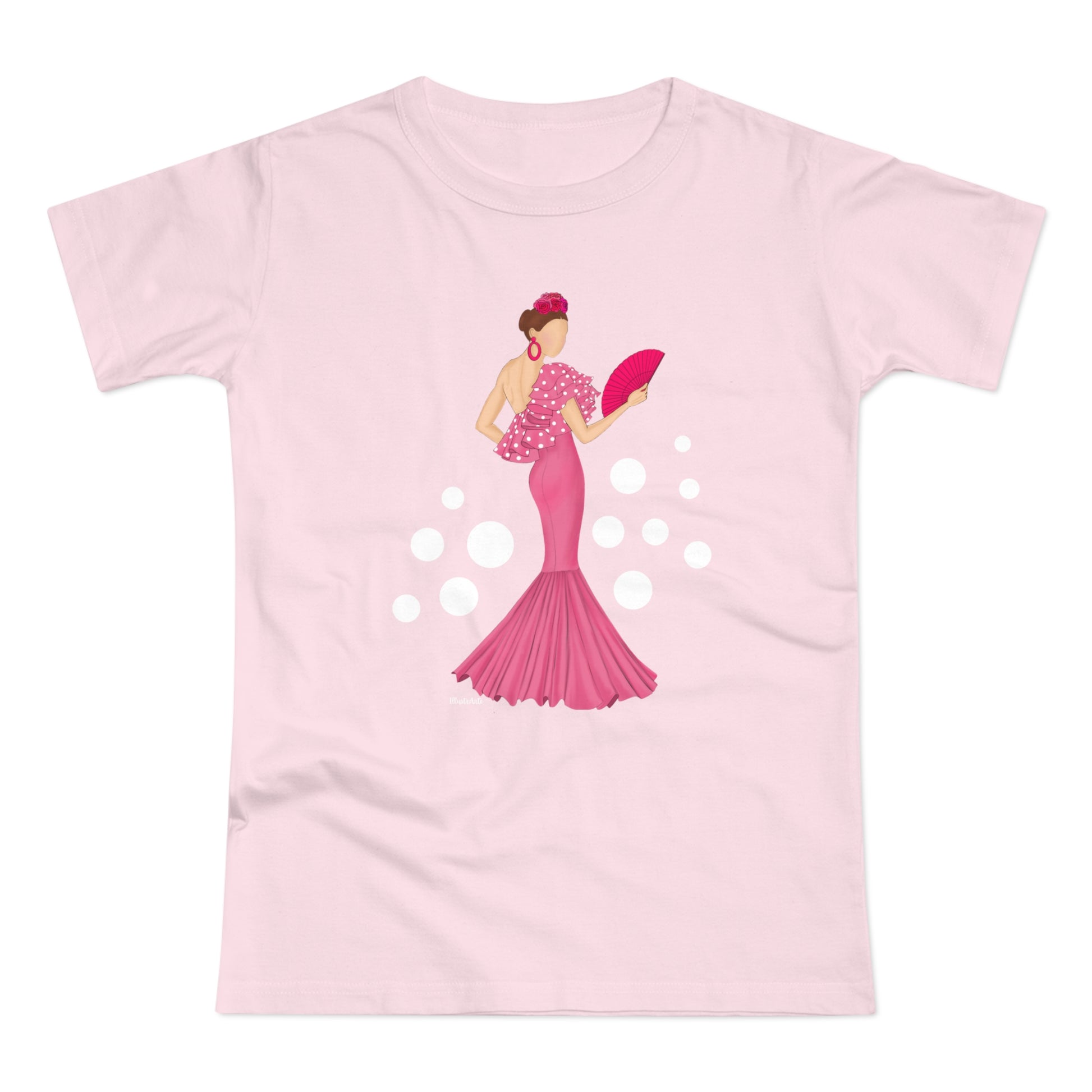 a pink t - shirt with a woman in a pink dress