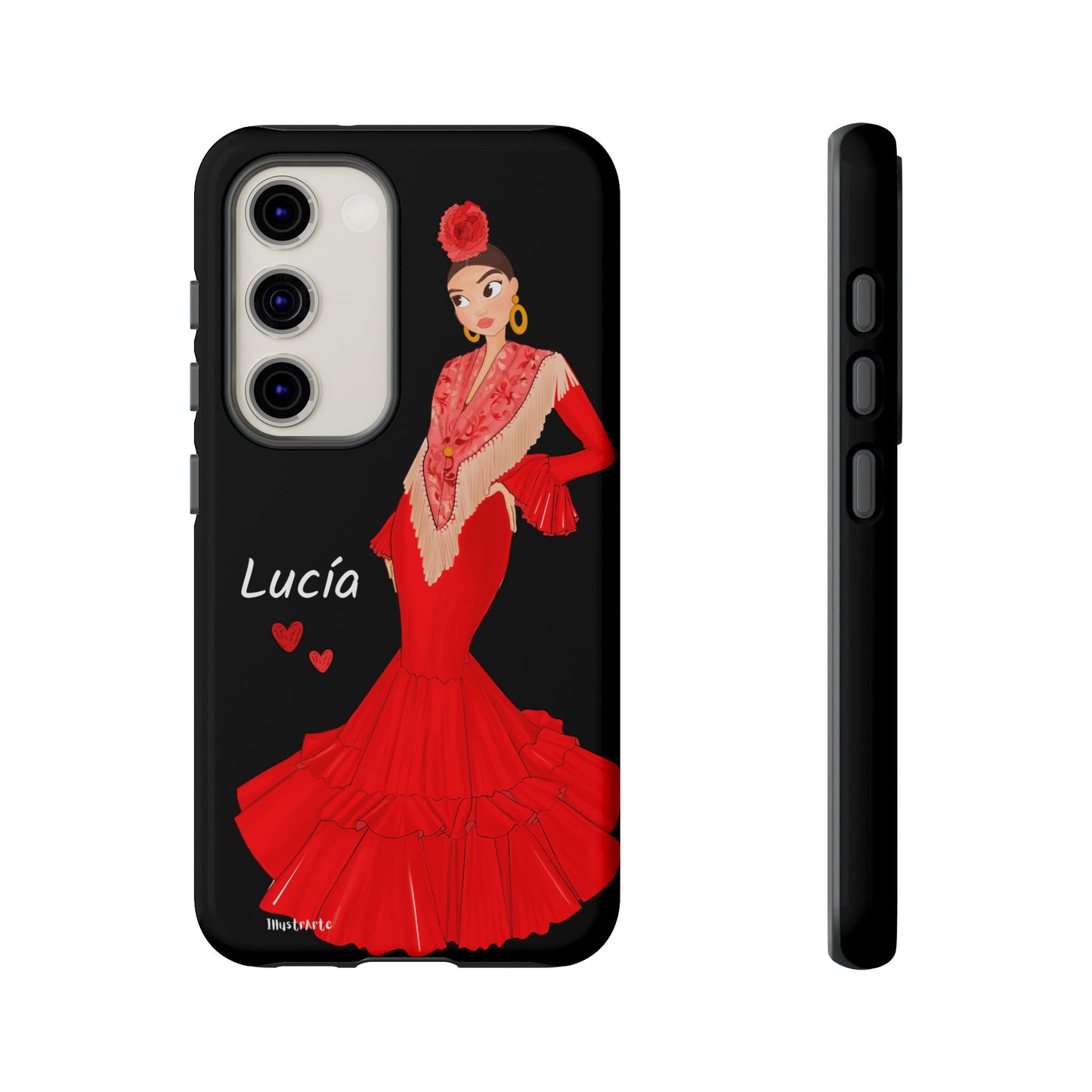 una funda de teléfono con una imagen de una mujer en un vestido rojo