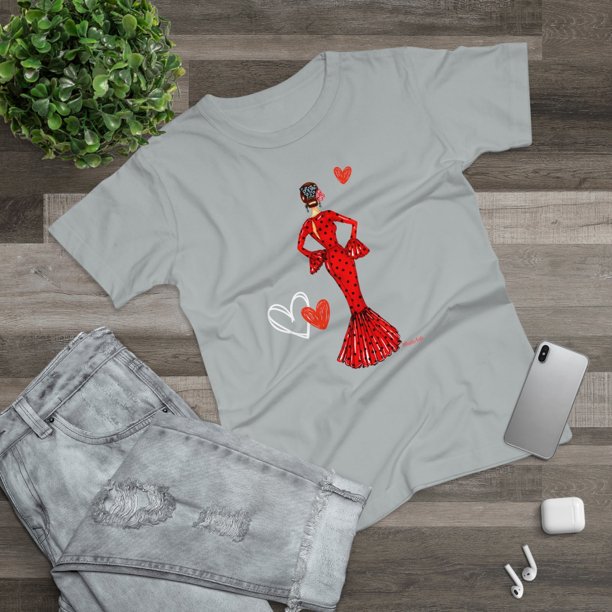 a t - shirt with a picture of a woman in a red dress