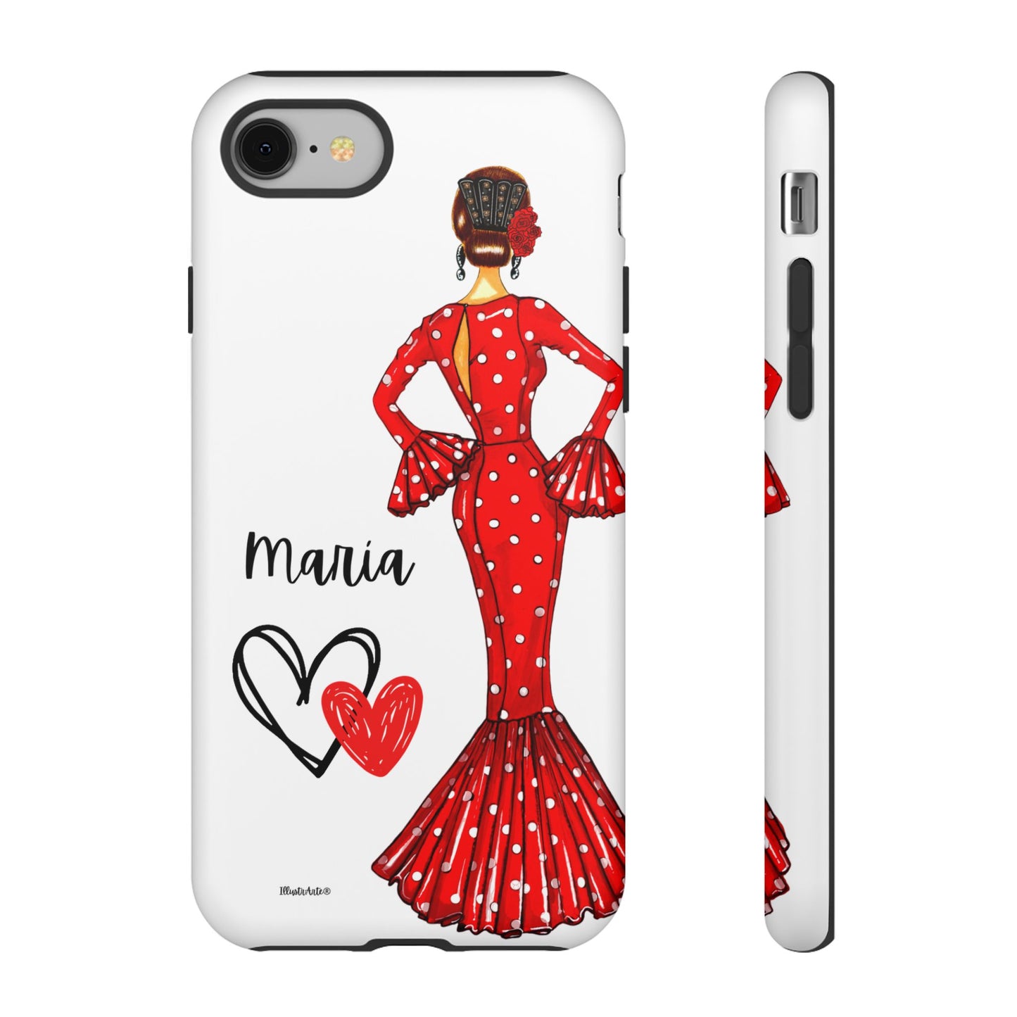 una funda de teléfono con una mujer en un vestido rojo