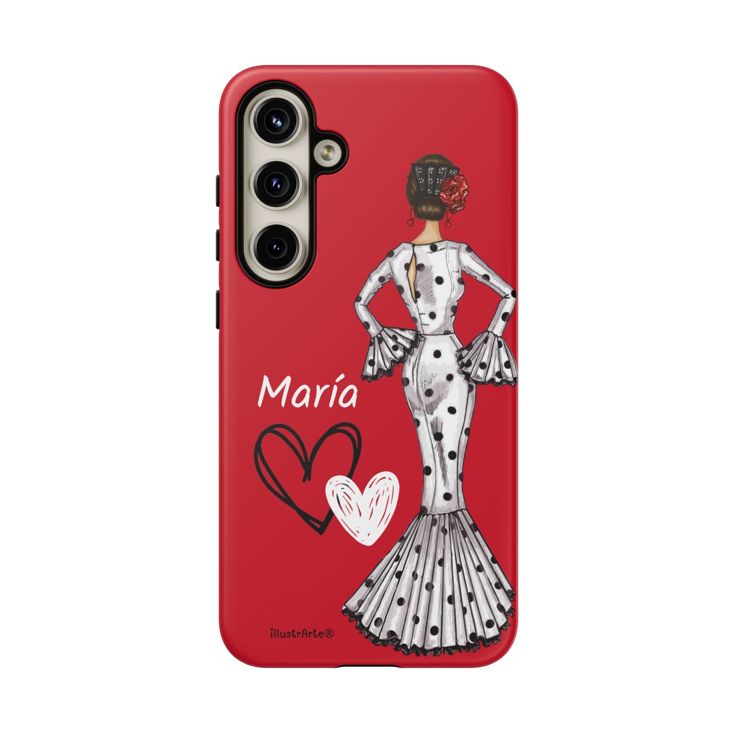 Personalized Maria phone case, white with red hearts background – for iPhone, Samsung, Pixel