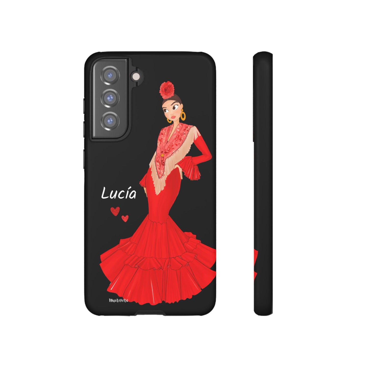 una funda de teléfono con una mujer en un vestido rojo