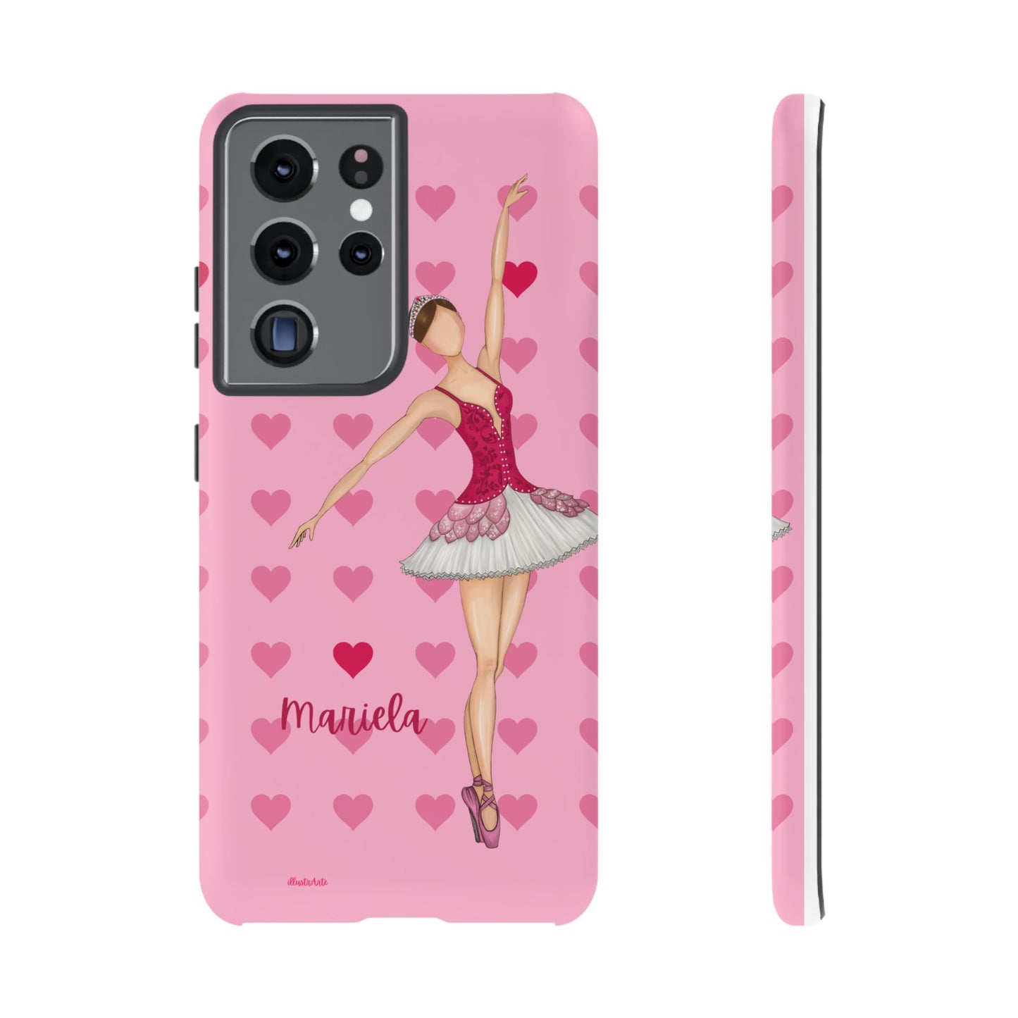 una funda de teléfono rosa con una bailarina en ella