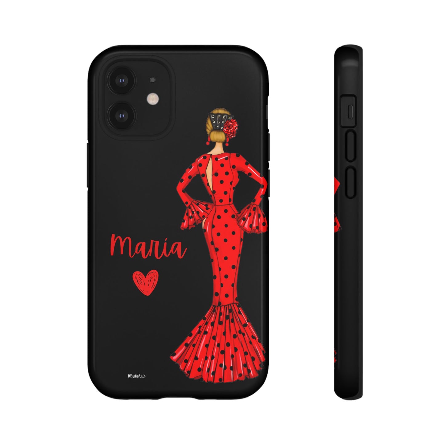 una funda de teléfono con una mujer en un vestido rojo