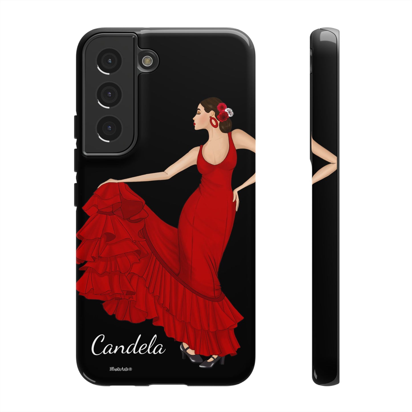 una funda de teléfono con una imagen de una mujer en un vestido rojo