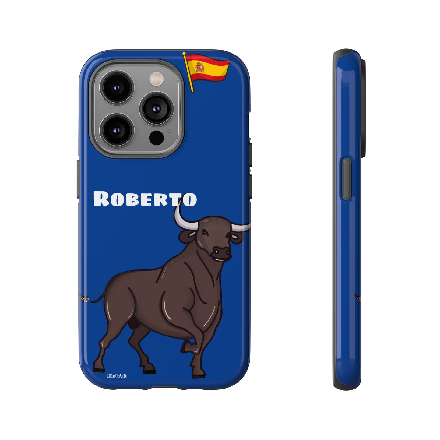 Funda de teléfono personalizable con nombre/bandera/Virgen - Modelo Toro Roberto, mostrando su resistencia y atractivo.