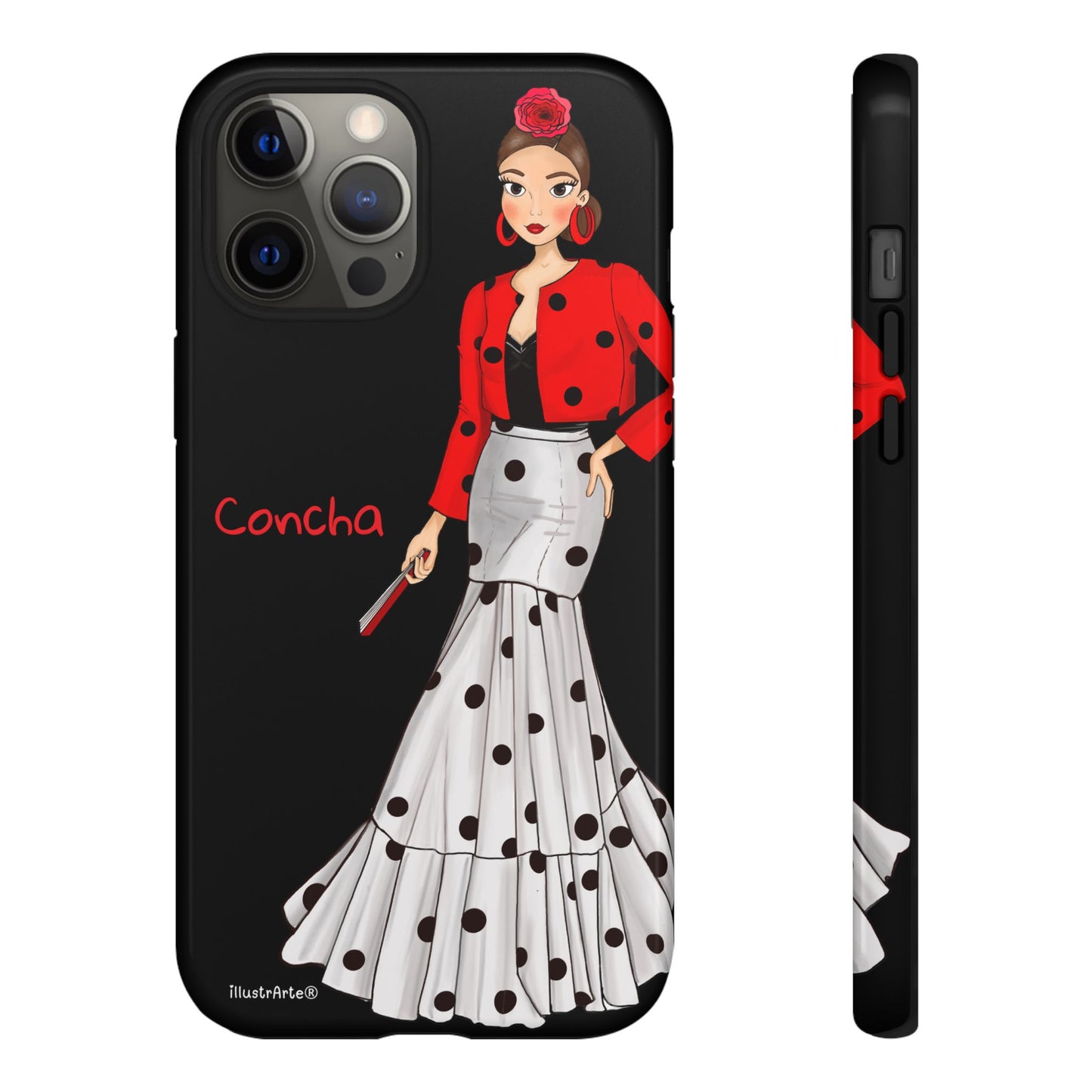 Funda de teléfono personalizable en posición vertical - Modelo Conchita en fondo negro.