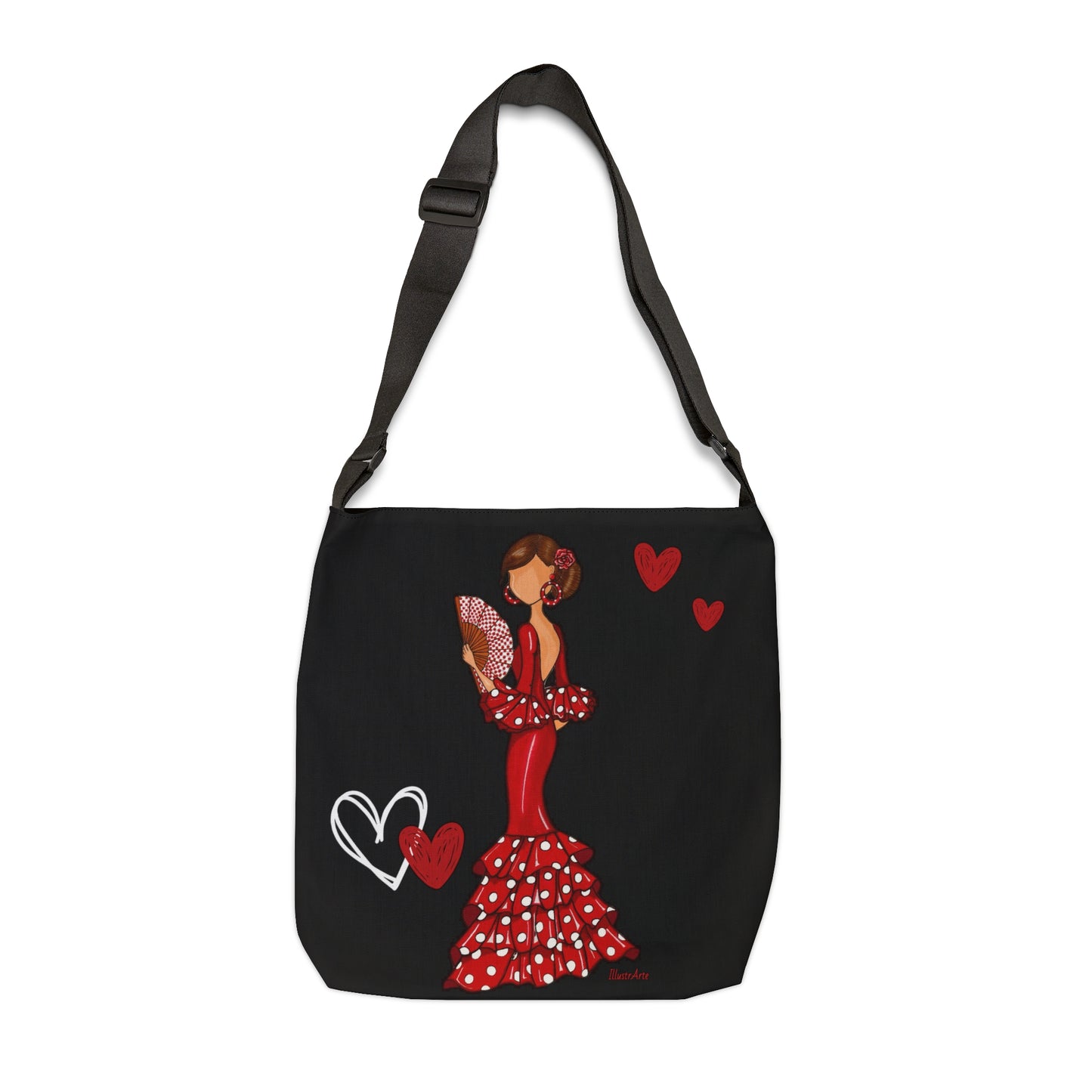 una bolsa negra con una dama en un vestido rojo y corazones