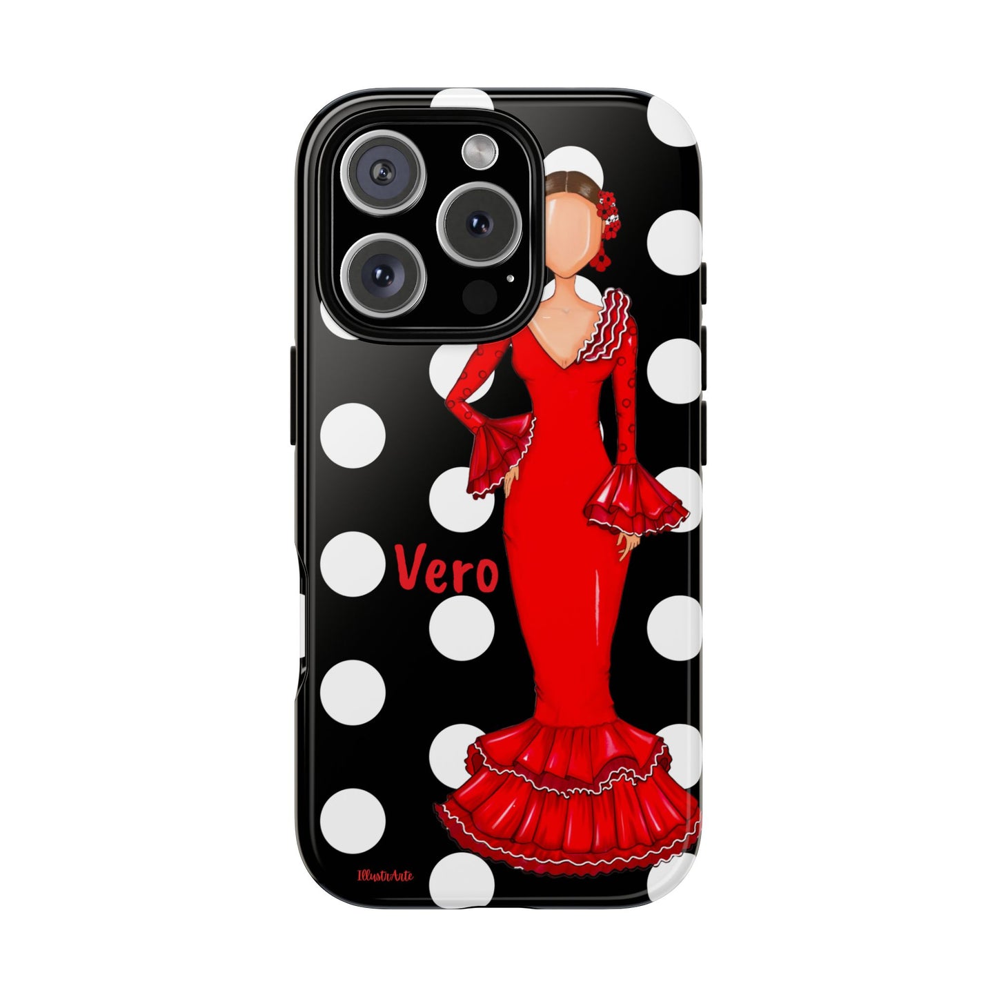 una funda de celular con una mujer en un vestido rojo