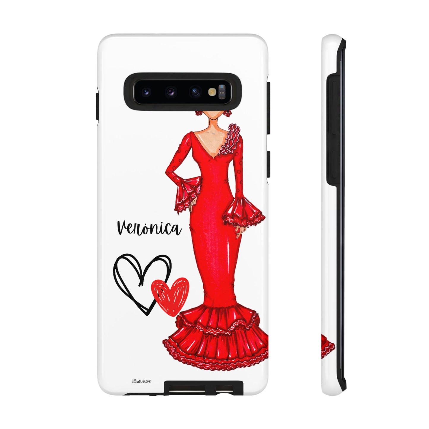 una funda de teléfono con un dibujo de una mujer en un vestido rojo