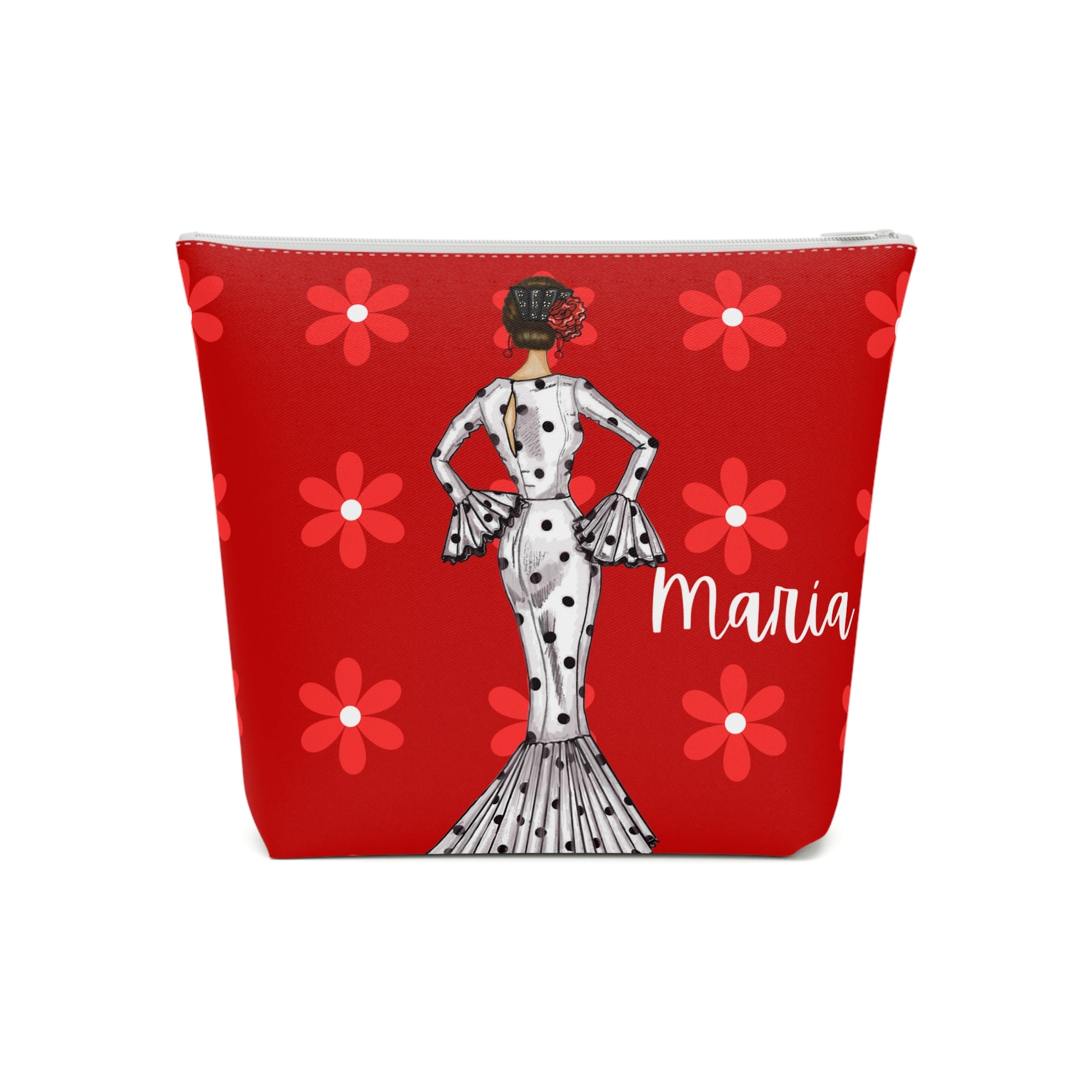 a red cosmetic bag with a picture of a woman on it