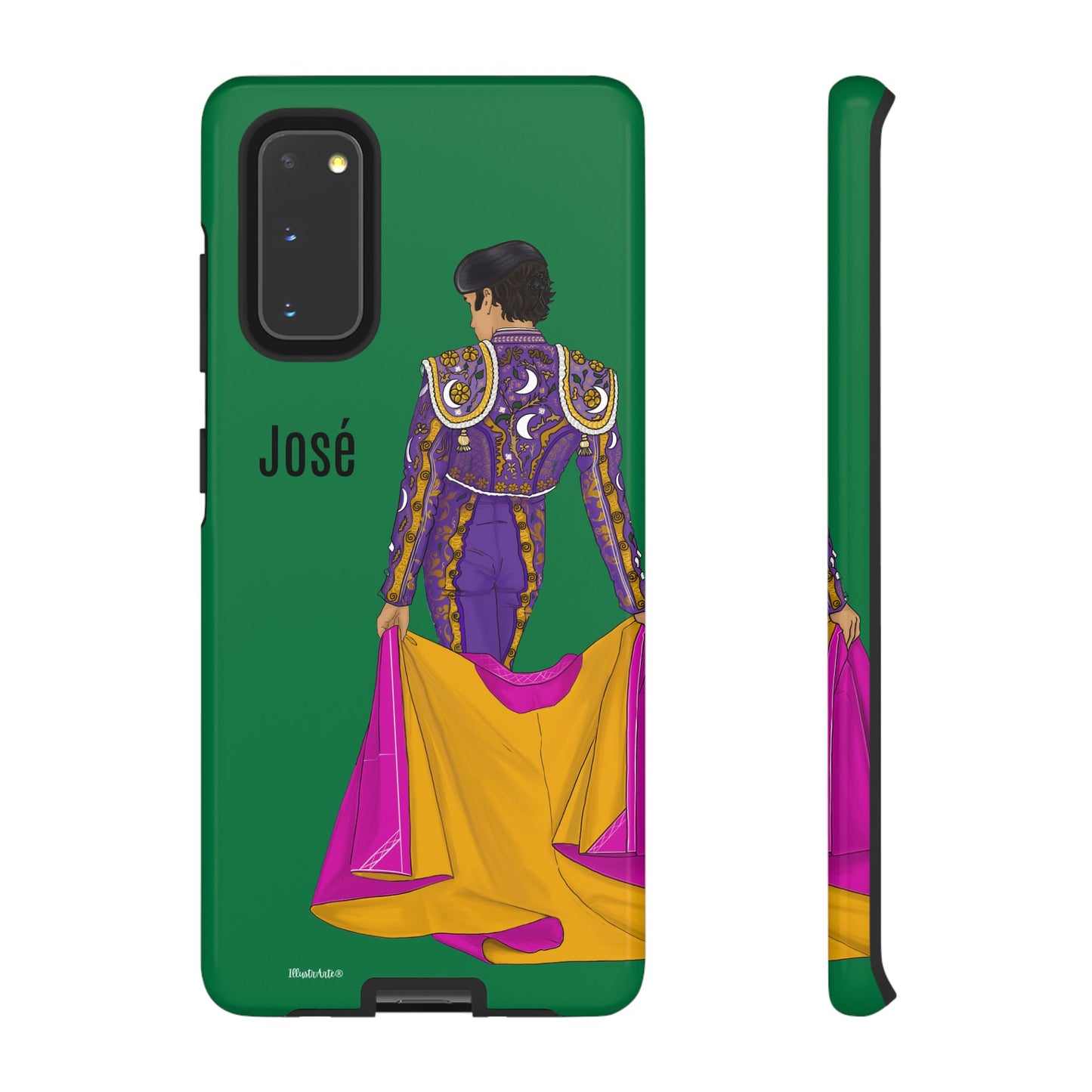 una funda de teléfono verde con una imagen de un hombre en un atuendo púrpura y amarillo