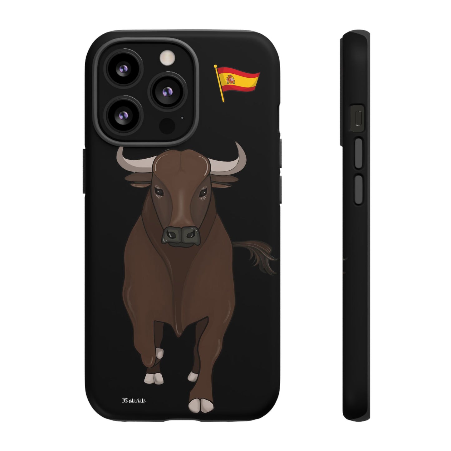 Funda de teléfono personalizada modelo toro Manuel en una sesión de fotos.