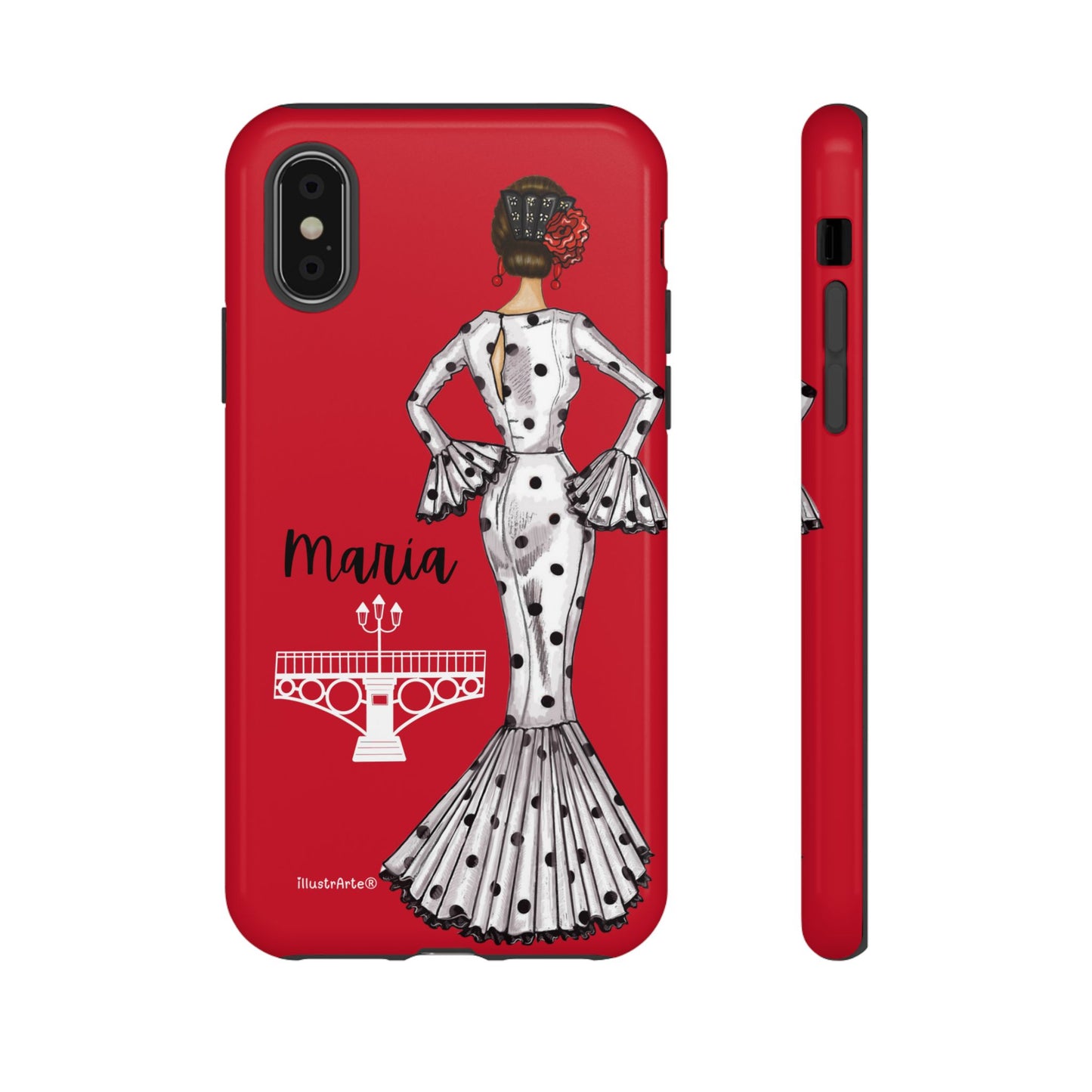 Vista lateral de la funda de teléfono personalizable con diseño de flamenca María, ideal para iPhone y Google Pixel.