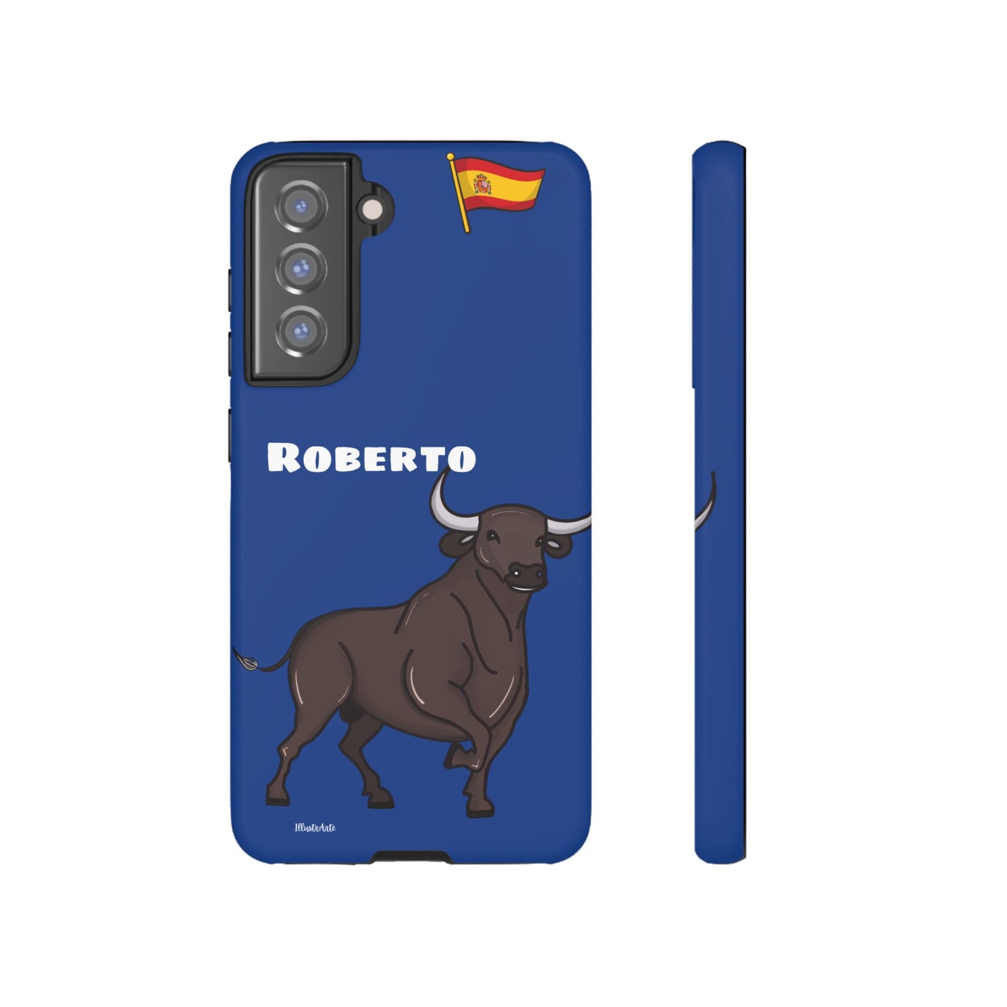Funda de teléfono personalizable con nombre/bandera/Virgen - Modelo Toro Roberto, ideal para quienes aprecian la cultura española.
