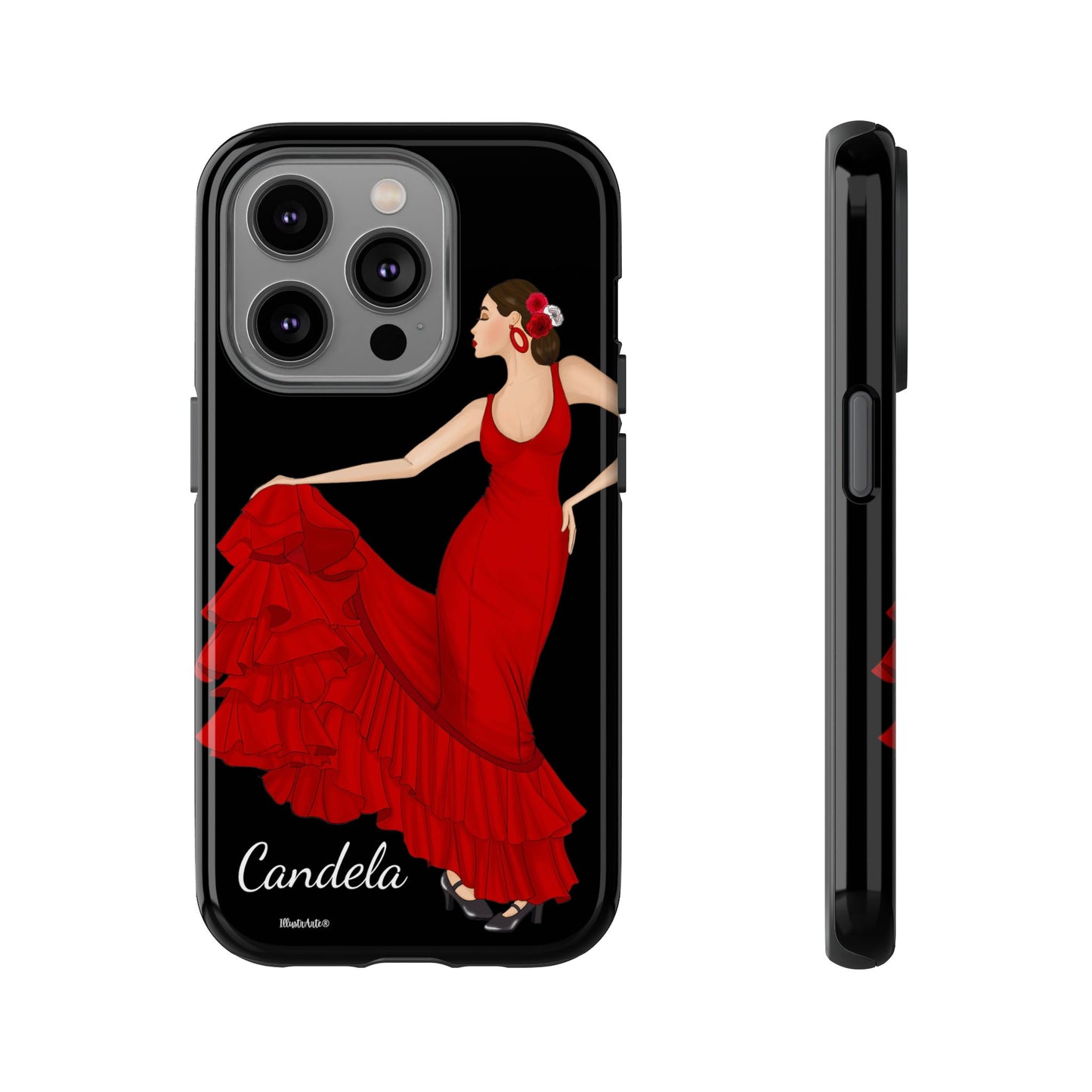 una funda de teléfono con una imagen de una mujer en un vestido rojo