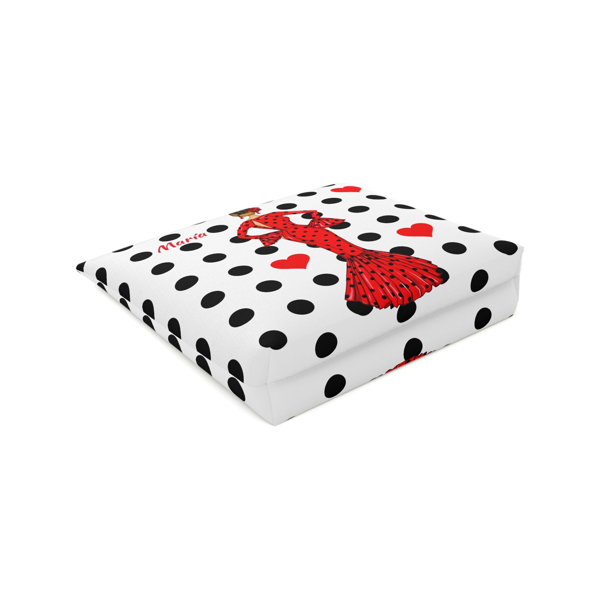 a polka dot box with a red dog on it