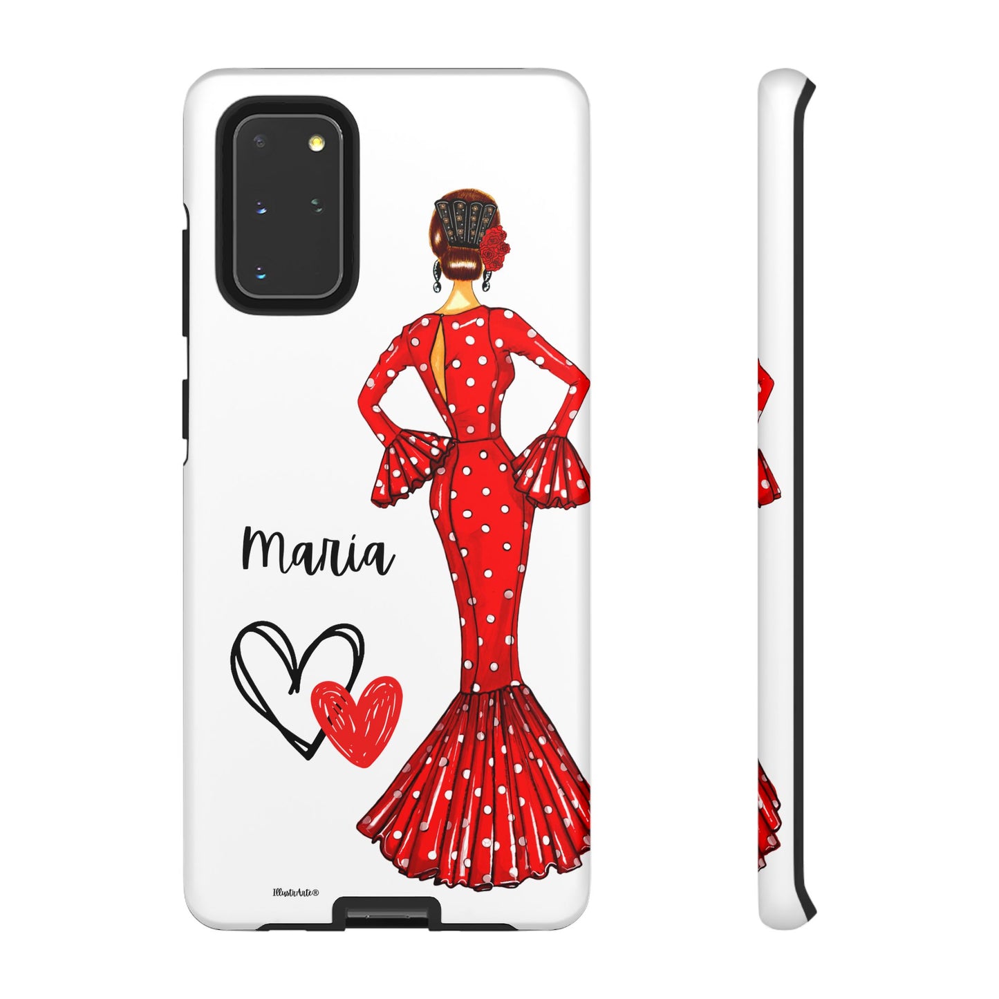 una funda de teléfono con una mujer en un vestido rojo