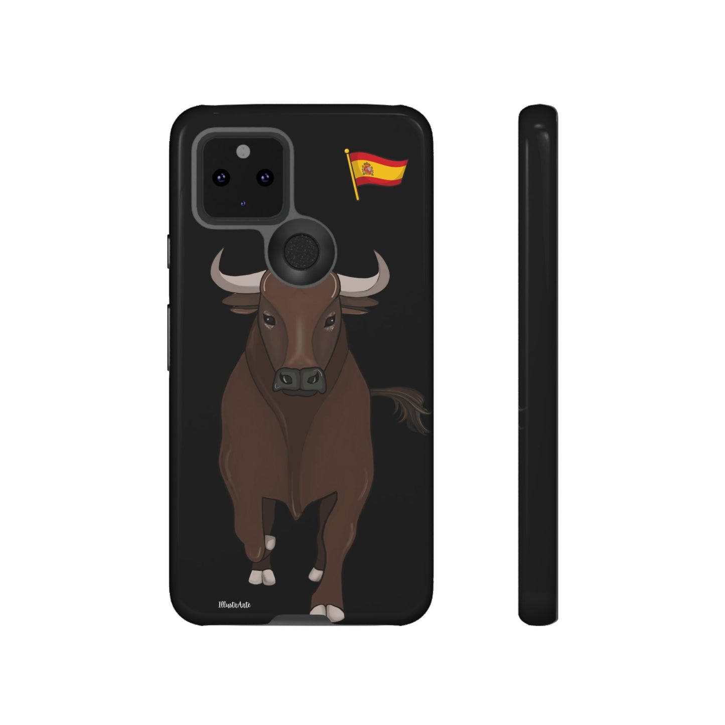 Funda de teléfono toro Manuel con opciones de personalización, presentada en un espacio moderno.