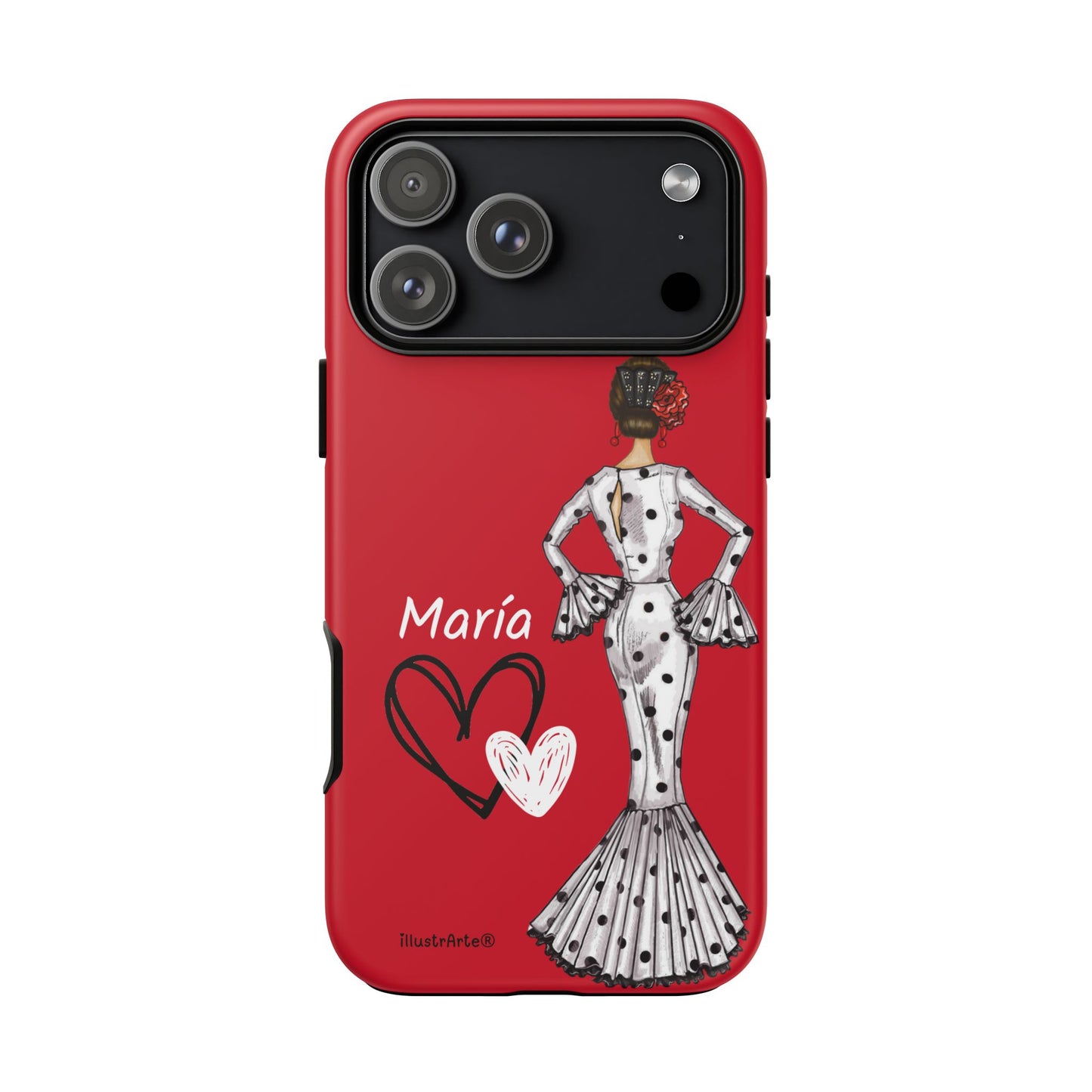Personalized Maria phone case, white with red hearts background – for iPhone, Samsung, Pixel