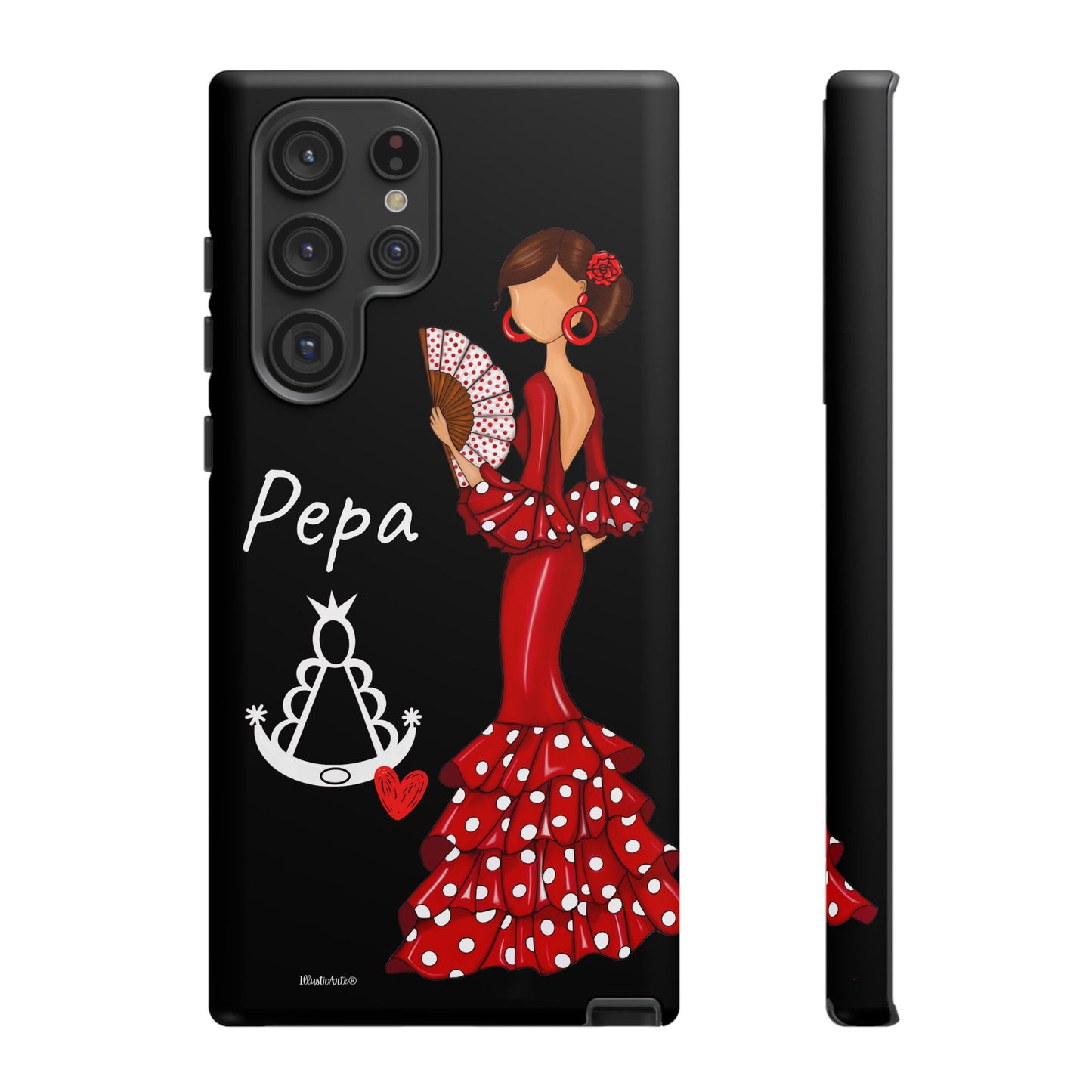 una funda de teléfono con una mujer en un vestido rojo