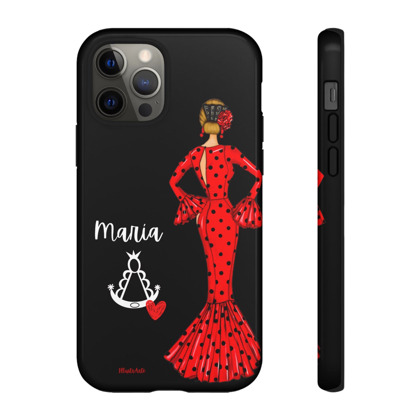 una funda de teléfono con una mujer en un vestido rojo