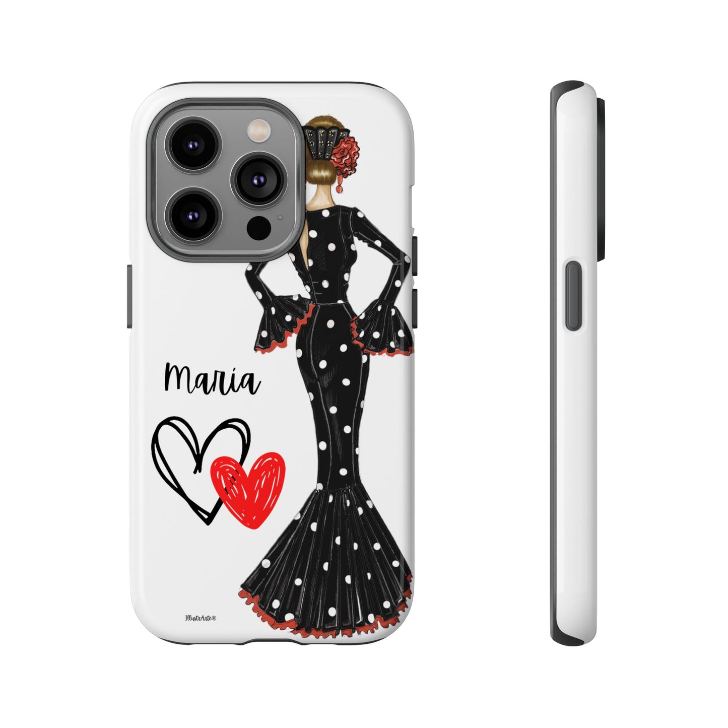 una funda para teléfono con una mujer en un vestido