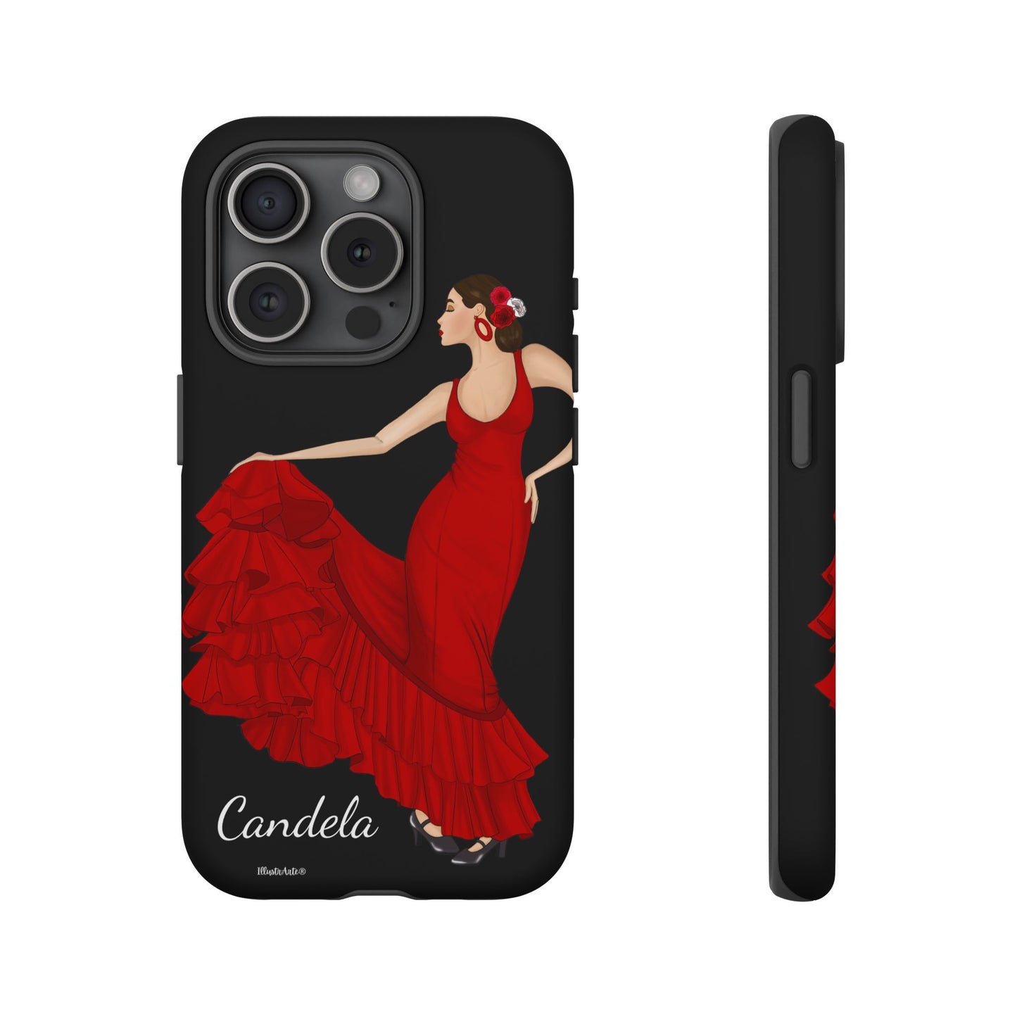 una funda de teléfono con una imagen de una mujer en un vestido rojo