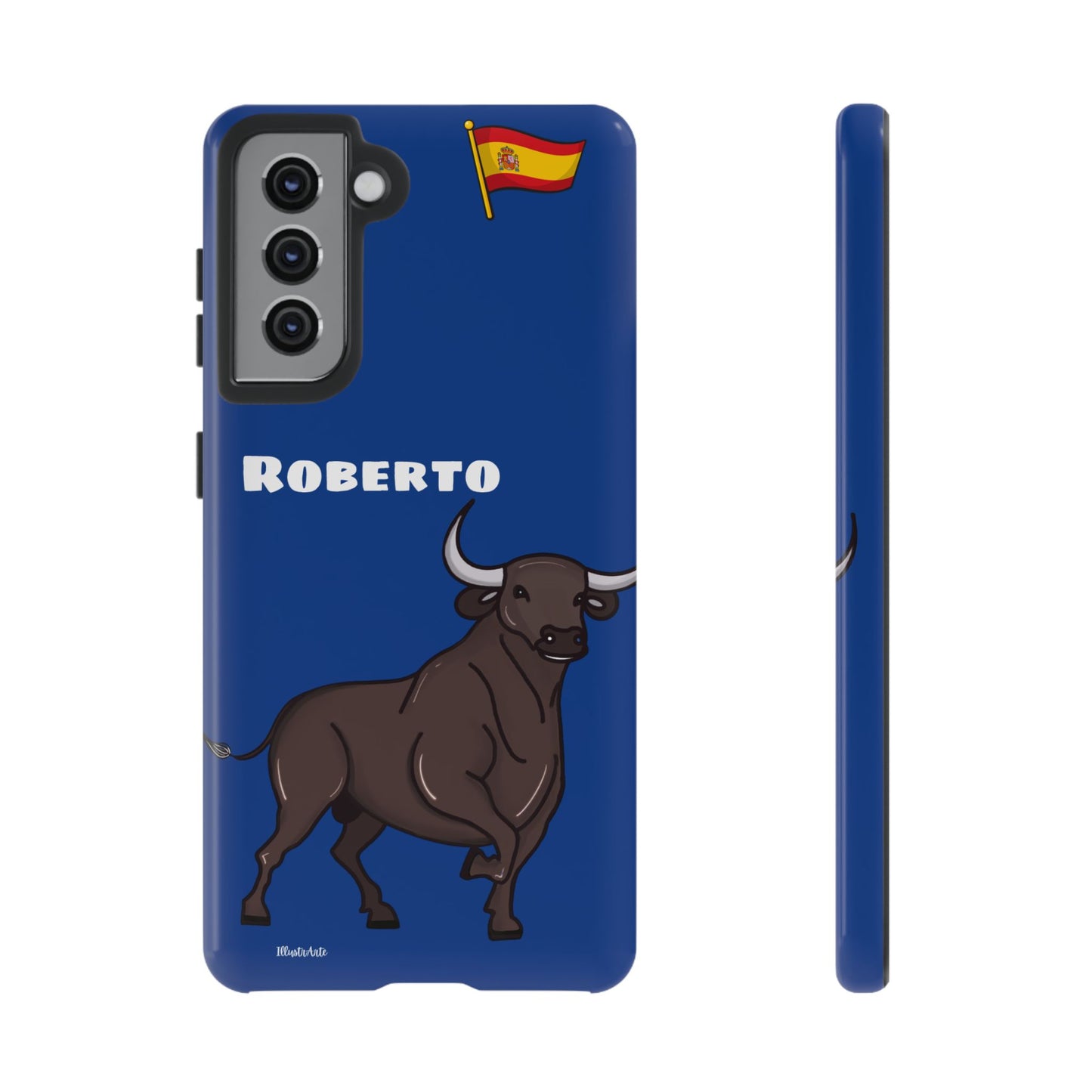 una funda de teléfono azul con un toro en ella