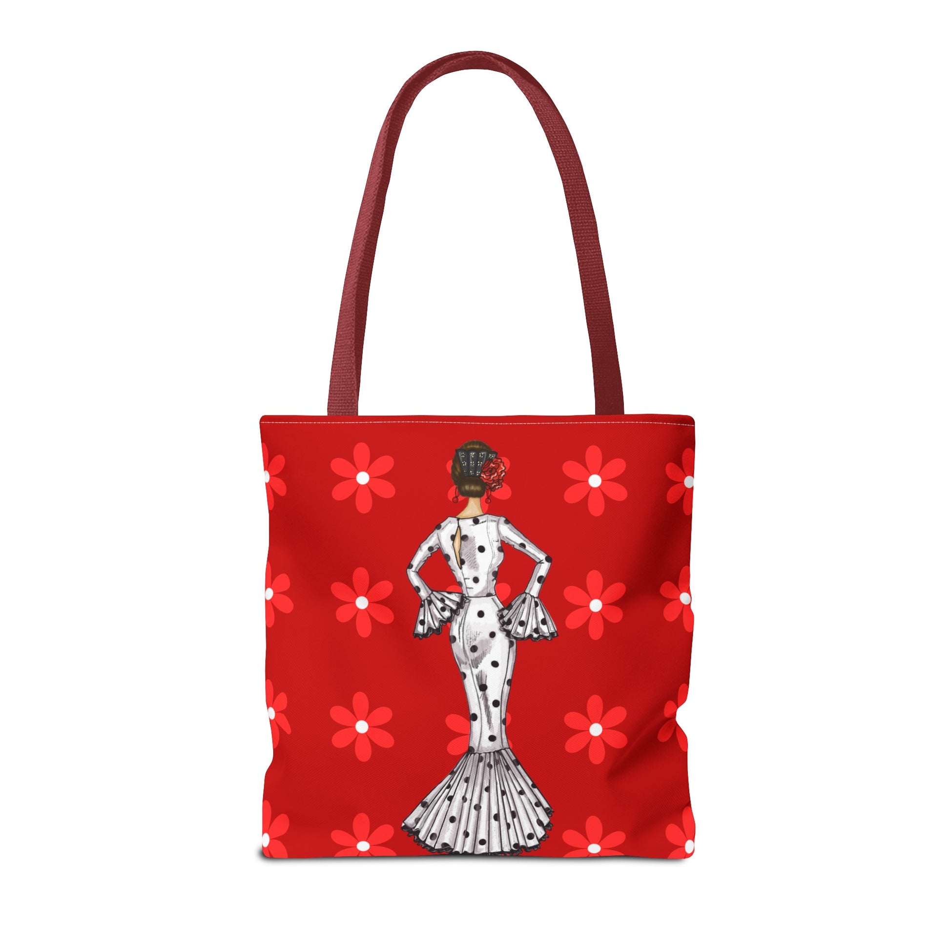 a red tote bag with a picture of a woman on it